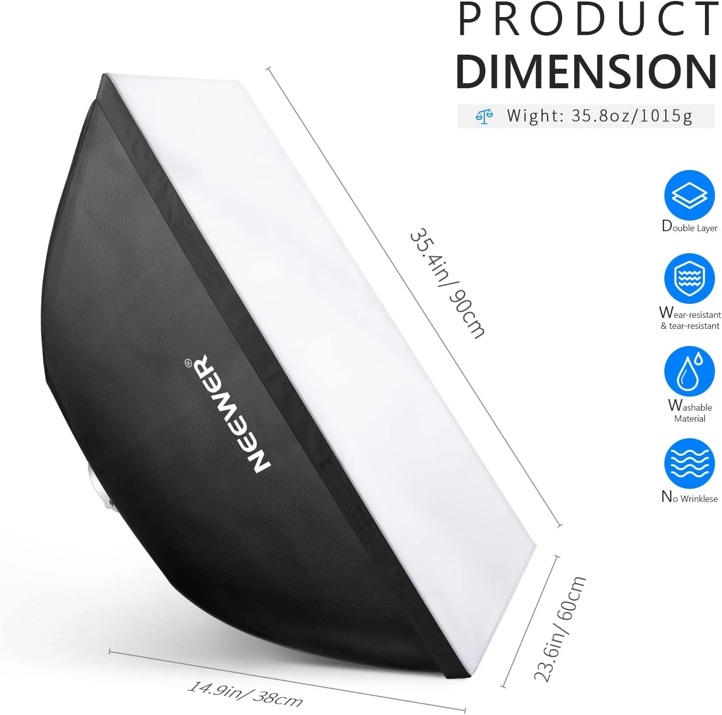 نرم باکس مستطیلی 60 در 90 سانتیمتری نیور، سازگار با نورهای با مانت بوئنز مانند Neewer S101-300W/400W/300W PRO/400W PRO/Vision 4/CB60/CB100/CB150 و سایر نورها، به همراه کیف حمل نرم باکس مستطیلی 60 در 90 سانتیمتری نیور، سازگار با نورهای با مانت بوئنز مانند Neewer S101-300W/400W/300W PRO/400W PRO/Vision 4/CB60/CB100/CB150 و سایر نورها، به همراه کیف حمل