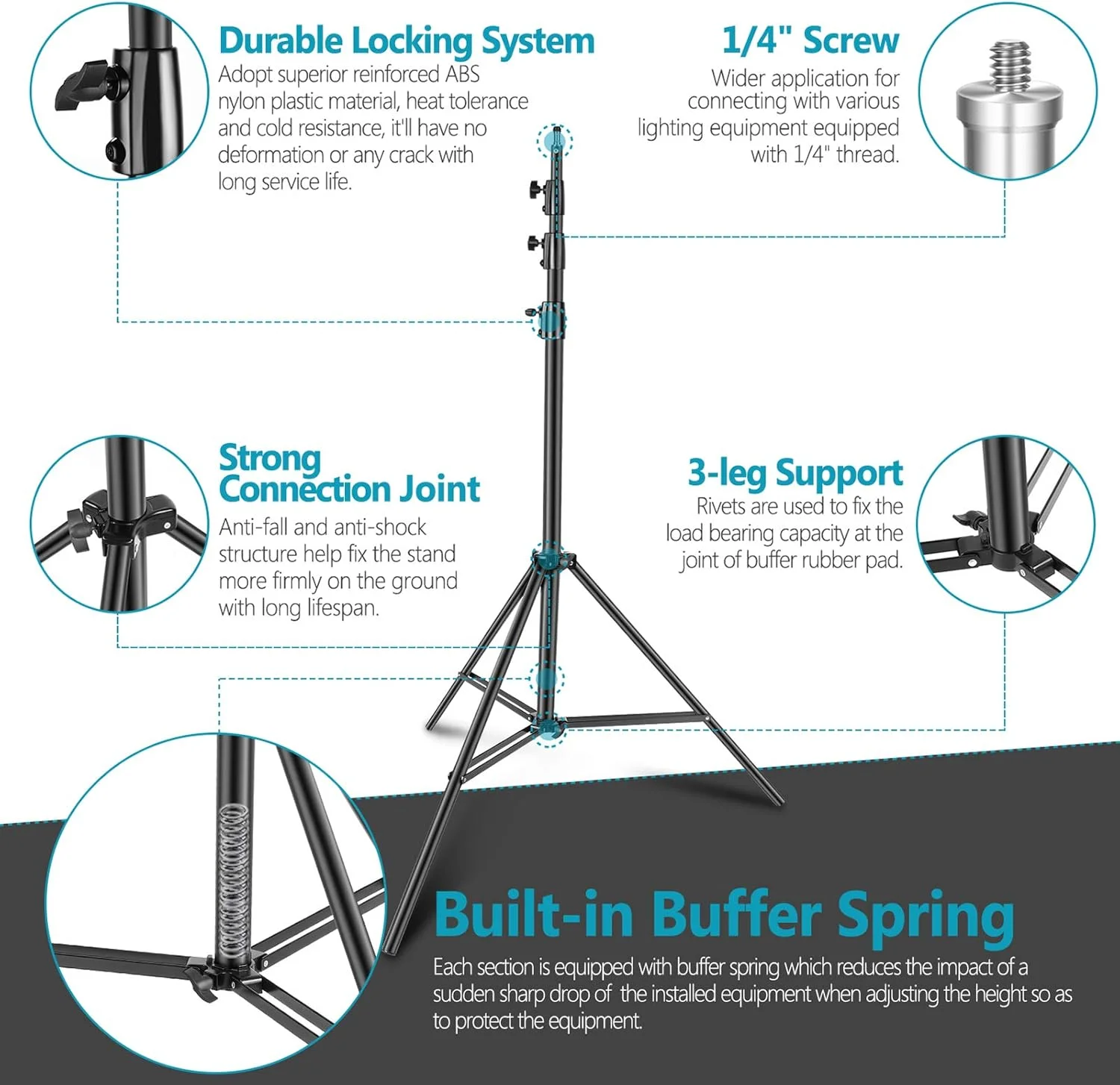 پایه نور سنگین نیور، آلیاژ آلومینیوم 4 متری، سه پایه قابل تنظیم با فنر داخلی و پیچ 1/4 اینچی برای نور LED استودیویی، دوربین DSLR، حداکثر بار: 10 کیلوگرم - مشکی پایه نور سنگین نیور، آلیاژ آلومینیوم 4 متری، سه پایه قابل تنظیم با فنر داخلی و پیچ 1/4 اینچی برای نور LED استودیویی، دوربین DSLR، حداکثر بار: 10 کیلوگرم - مشکی