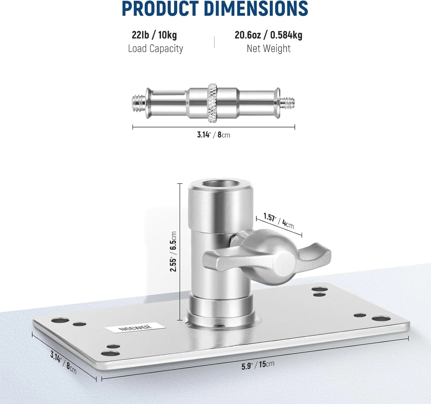 نگهدارنده دیواری سقفی نیور 8.5 سانتی متری با پین 5/8 اینچی و رزوه 1/4 اینچی به همراه 10 پیچ، مناسب برای نور حلقه ای، نور ویدئویی، فلاش استروب، حداکثر تحمل وزن 10 کیلوگرم، مدل ST-WM1