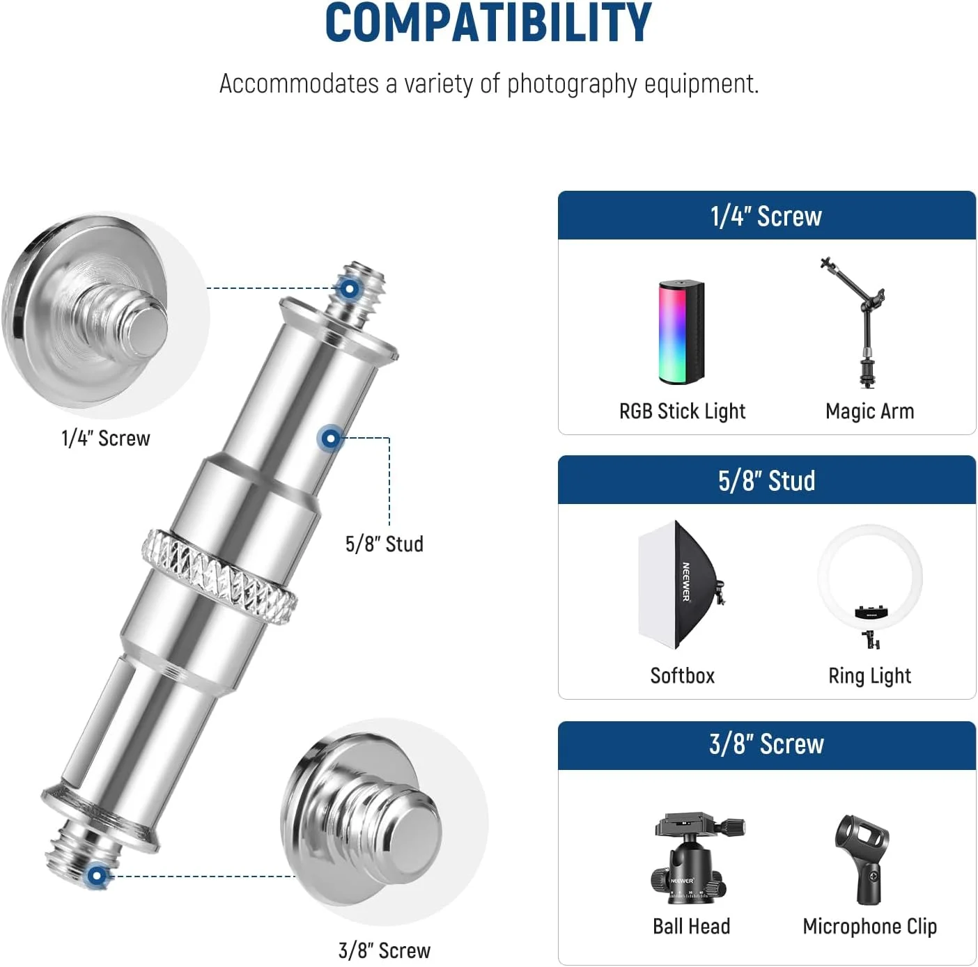 نگهدارنده دیواری سقفی نیور 8.5 سانتی متری با پین 5/8 اینچی و رزوه 1/4 اینچی به همراه 10 پیچ، مناسب برای نور حلقه ای، نور ویدئویی، فلاش استروب، حداکثر تحمل وزن 10 کیلوگرم، مدل ST-WM1