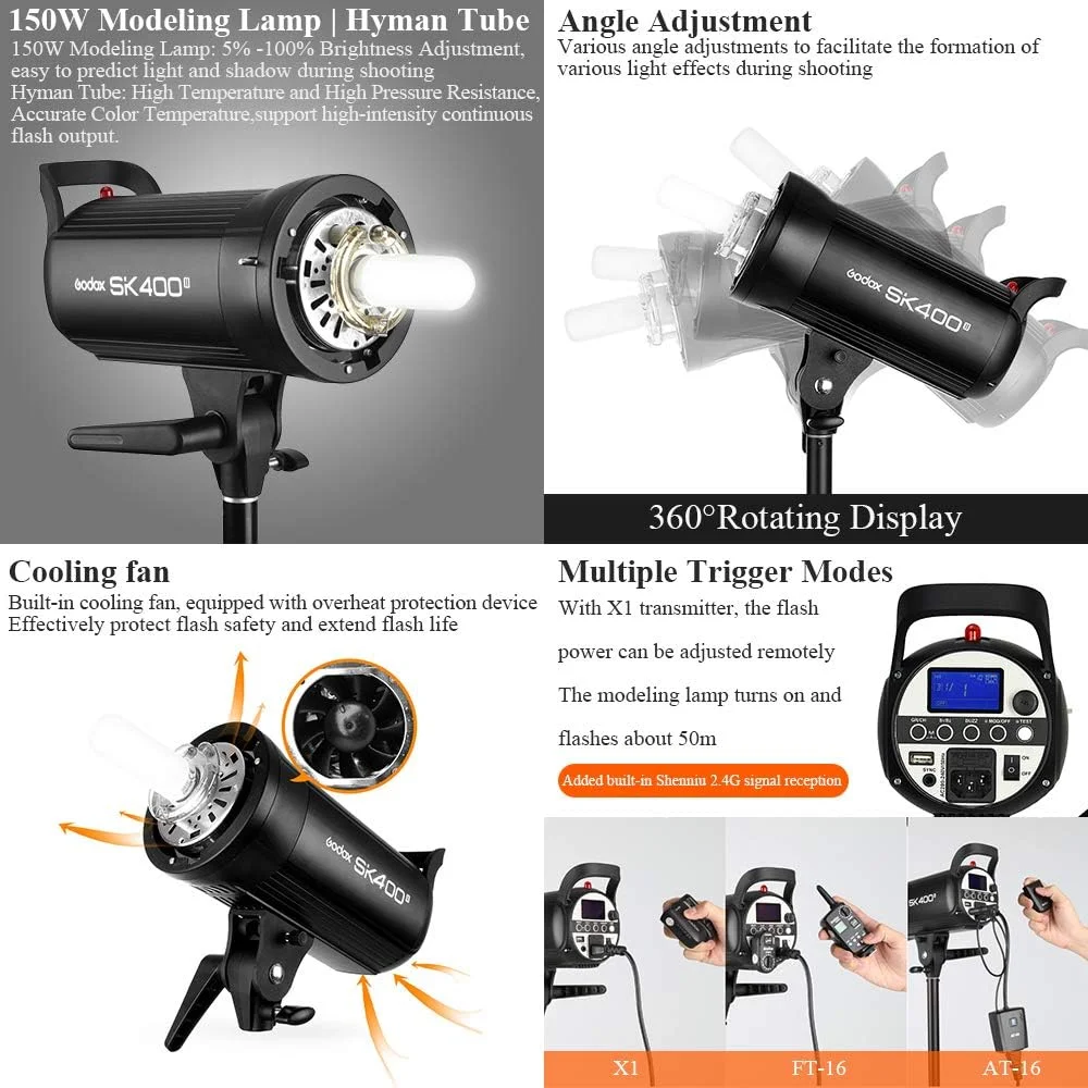 فلاش استودیویی حرفه ای گودوکس SK400II با سیستم بی سیم Godox 2.4G داخلی، مانت بوئنز، لامپ مدلینگ 150 واتی، پایداری خروجی عالی، ضد فلاش، 400 وات، 5600K (SK400II) فلاش استودیویی حرفه ای گودوکس SK400II با سیستم بی سیم Godox 2.4G داخلی، مانت بوئنز، لامپ مدلینگ 150 واتی، پایداری خروجی عالی، ضد فلاش، 400 وات، 5600K (SK400II)