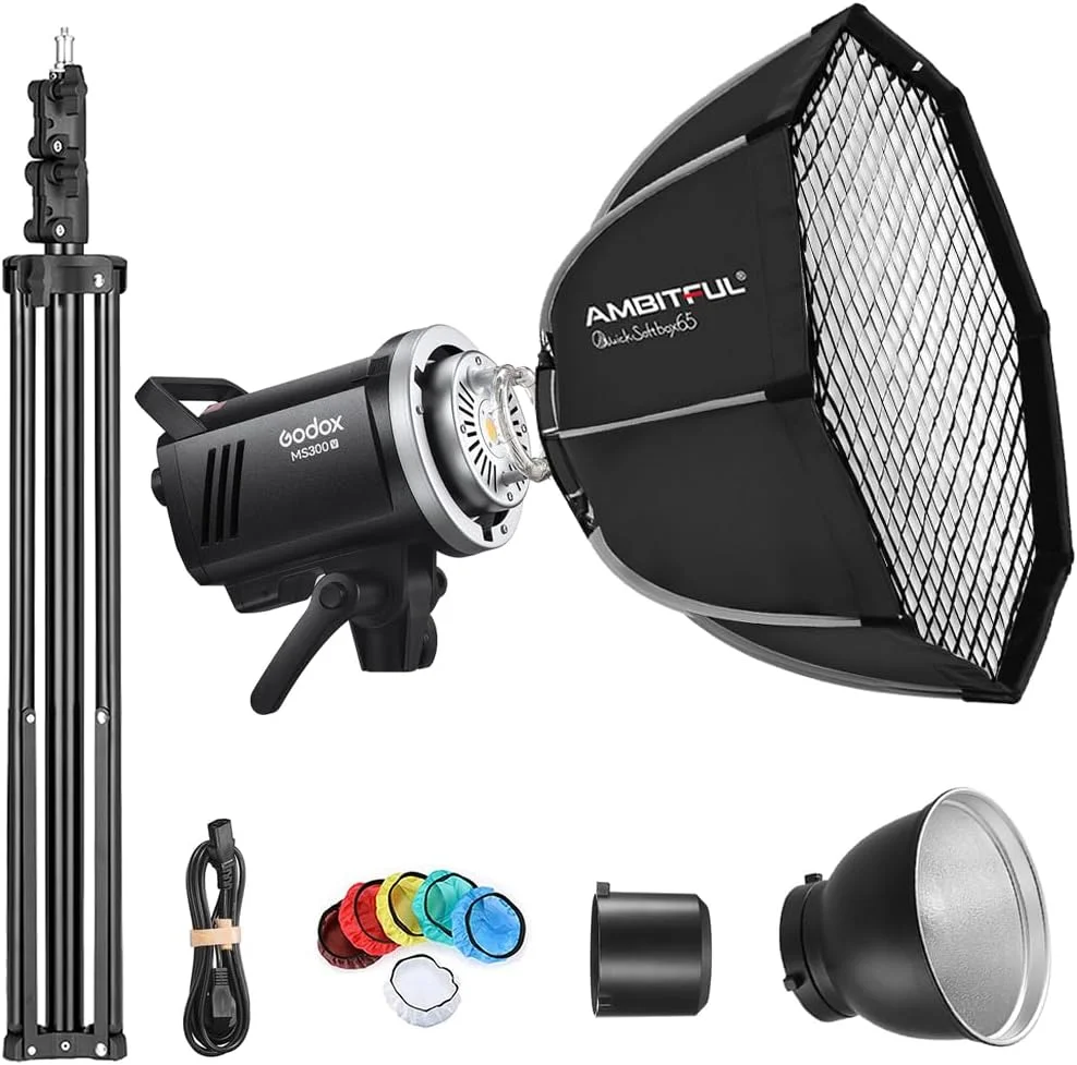 کیت فلاش استودیویی گودکس MS300V، فلاش استودیویی 300 وات، سیستم وایرلس 2.4G، زمان بازیافت 0.1 تا 1.8 ثانیه، مانت بوئنز، لامپ مدلینگ LED با سافت باکس نصب سریع QS65 + پایه نور