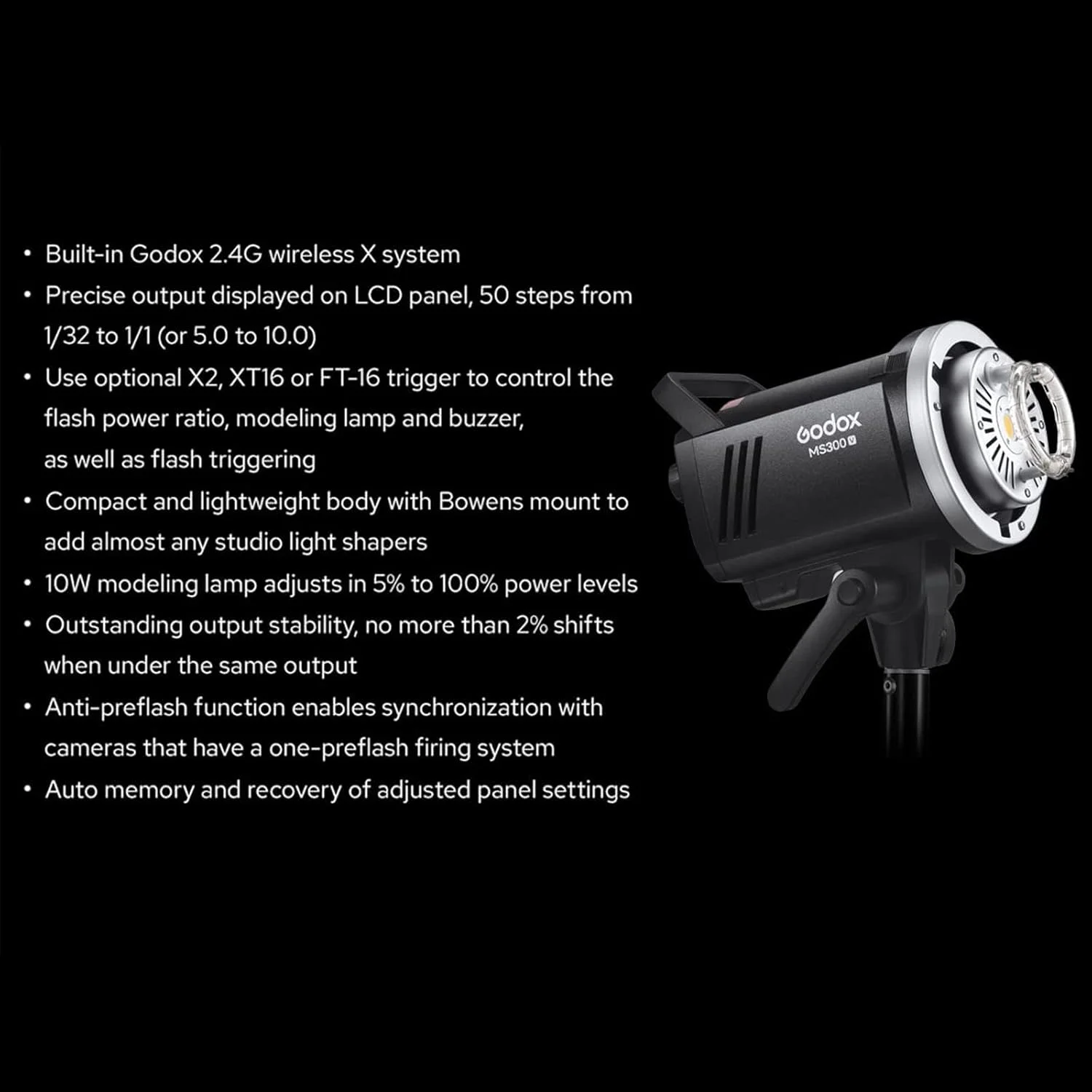 فلاش استودیویی فوق فشرده گودکس MS300V با لامپ مدلینگ LED - 300Ws، 5800K، زمان بازیافت 0.1-1.3 ثانیه، مانت Bowens S-Type، روش های کنترل: سیم همگام سازی، دکمه تست، پورت کنترل بی سیم فلاش استودیویی فوق فشرده گودکس MS300V با لامپ مدلینگ LED - 300Ws، 5800K، زمان بازیافت 0.1-1.3 ثانیه، مانت Bowens S-Type، روش های کنترل: سیم همگام سازی، دکمه تست، پورت کنترل بی سیم