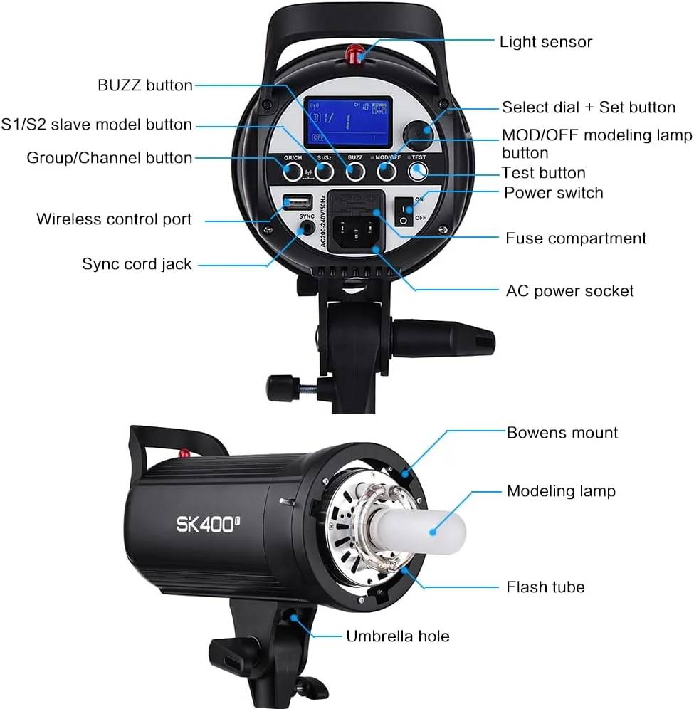 فلاش استودیویی جمع و جور حرفه ای گودوکس SK400II با توان 400 وات، سیستم بی سیم GODOX 2.4G یکپارچه، GN65 5600K با لامپ تنظیم 150 واتی برای عکاسی از محصولات تجارت الکترونیک، پرتره و سبک زندگی فلاش استودیویی جمع و جور حرفه ای گودوکس SK400II با توان 400 وات، سیستم بی سیم GODOX 2.4G یکپارچه، GN65 5600K با لامپ تنظیم 150 واتی برای عکاسی از محصولات تجارت الکترونیک، پرتره و سبک زندگی