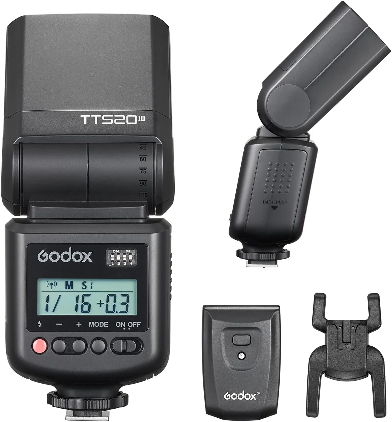 فلاش دوربین گودوکس TT520III با تریگر وایرلس 433 مگاهرتز - GN 33، 16 کانال، هد فلاش قابل تنظیم، حالت های متعدد و لوازم جانبی - سازگار با کانن، نیکون، سونی، فوجی فیلم، المپوس و غیره