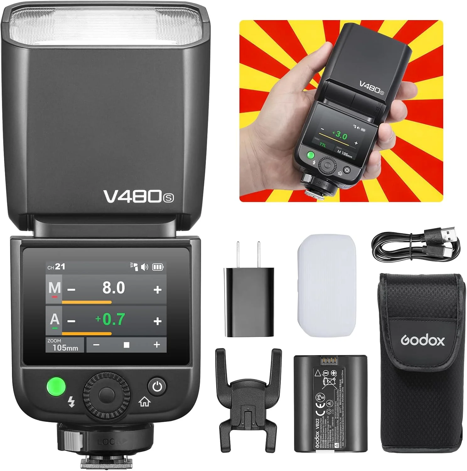 فلاش لیتیوم-یونی Godox V480-S TTL برای سونی - GN50 دارای تریگر بی‌سیم داخلی، صفحه لمسی 2.0 اینچی، همگام‌سازی پرسرعت 1/8000 ثانیه، 650 فلاش با قدرت کامل، زمان بازیافت 1.7 ثانیه، لامپ مدل‌سازی LED برای عکاسی پرتره و محصول