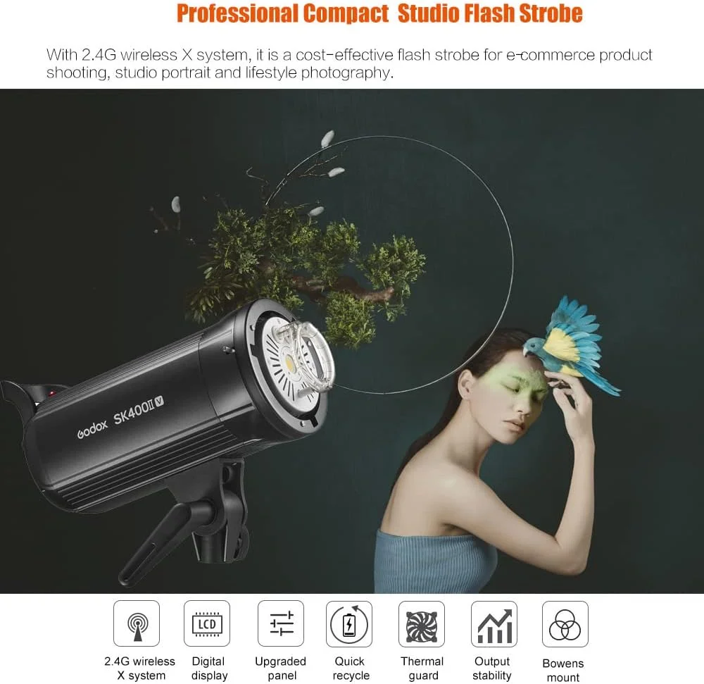 فلاش استودیویی گودکس SK400II-V با توان خروجی تقویت شده 400Ws، نور استروب 5600 ± 200 کلوین، سیستم وایرلس X 2.4G یکپارچه با مانت بوئنز و لامپ مدلینگ LED برای عکاسی تبلیغاتی و فشن فلاش استودیویی گودکس SK400II-V با توان خروجی تقویت شده 400Ws، نور استروب 5600 ± 200 کلوین، سیستم وایرلس X 2.4G یکپارچه با مانت بوئنز و لامپ مدلینگ LED برای عکاسی تبلیغاتی و فشن