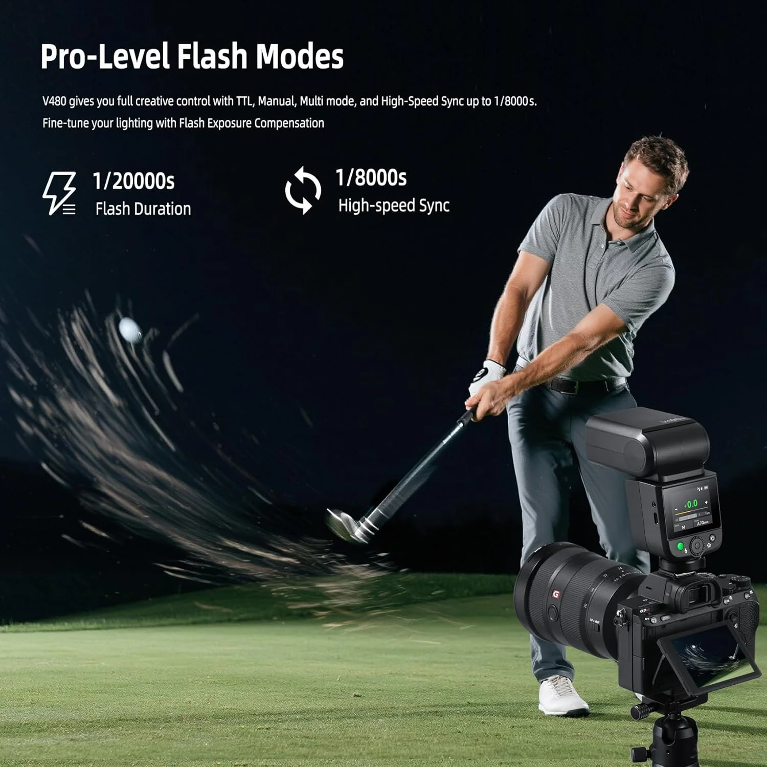 فلاش لیتیوم-یونی Godox V480-S TTL برای سونی - GN50 دارای تریگر بیسیم داخلی، صفحه لمسی 2.0 اینچی، همگامسازی پرسرعت 1/8000 ثانیه، 650 فلاش با قدرت کامل، زمان بازیافت 1.7 ثانیه، لامپ مدلسازی LED برای عکاسی پرتره و محصول فلاش لیتیوم-یونی Godox V480-S TTL برای سونی - GN50 دارای تریگر بیسیم داخلی، صفحه لمسی 2.0 اینچی، همگامسازی پرسرعت 1/8000 ثانیه، 650 فلاش با قدرت کامل، زمان بازیافت 1.7 ثانیه، لامپ مدلسازی LED برای عکاسی پرتره و محصول