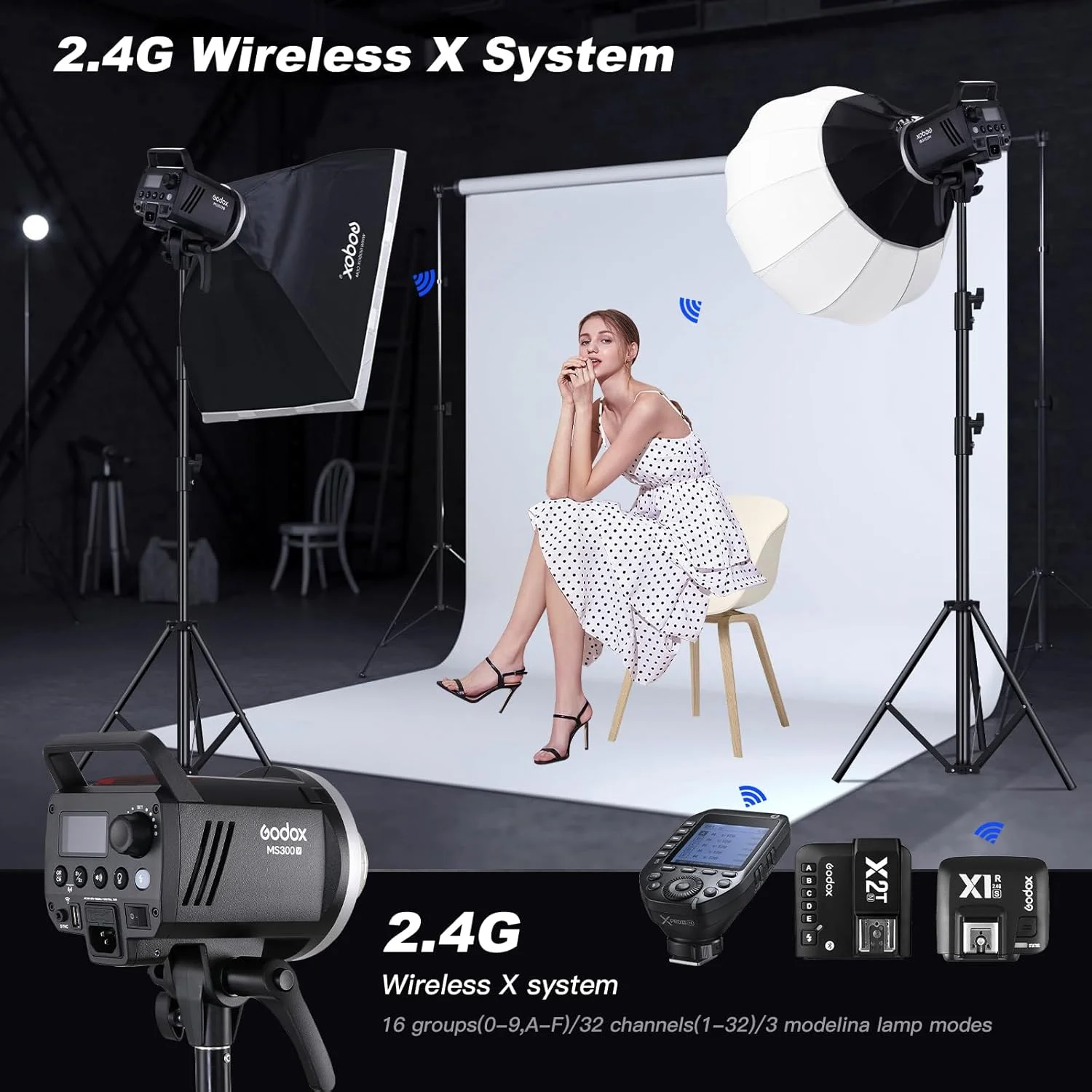 فلاش استودیویی حرفه ای گودکس MS300V، بسته 2 عددی، 300 وات، GN58، زمان بازیافت 0.1-1.8 ثانیه، سیستم 2.4G X، نور فلاش 5600±200K با لامپ تنظیم LED فلاش استودیویی حرفه ای گودکس MS300V، بسته 2 عددی، 300 وات، GN58، زمان بازیافت 0.1-1.8 ثانیه، سیستم 2.4G X، نور فلاش 5600±200K با لامپ تنظیم LED