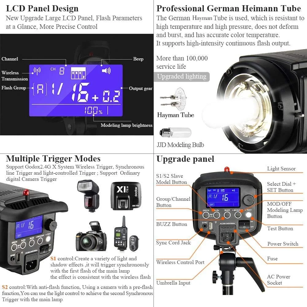 فلاش استودیویی حرفه ای 800 وات گودوکس مدل DP-800II با ولتاژ 220 ولت و سیستم 2.4G HSS با سرعت 1/8000 ثانیه برای عکاسی خلاقانه