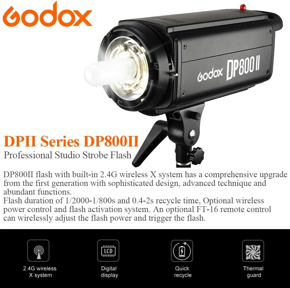 فلاش استودیویی حرفه ای 800 وات گودوکس مدل DP-800II با ولتاژ 220 ولت و سیستم 2.4G HSS با سرعت 1/8000 ثانیه برای عکاسی خلاقانه