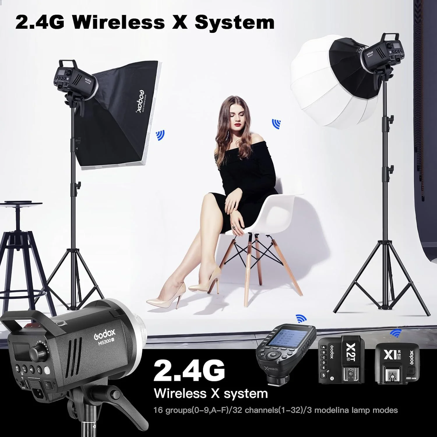 کیت فلاش استودیویی کامپکت گودکس MS300V با مانت بوئنز، لامپ مدلینگ LED، سیستم وایرلس 2.4G X، دمای رنگ 5600K و زمان بازیافت 1.3 ثانیه در حداکثر توان خروجی کیت فلاش استودیویی کامپکت گودکس MS300V با مانت بوئنز، لامپ مدلینگ LED، سیستم وایرلس 2.4G X، دمای رنگ 5600K و زمان بازیافت 1.3 ثانیه در حداکثر توان خروجی
