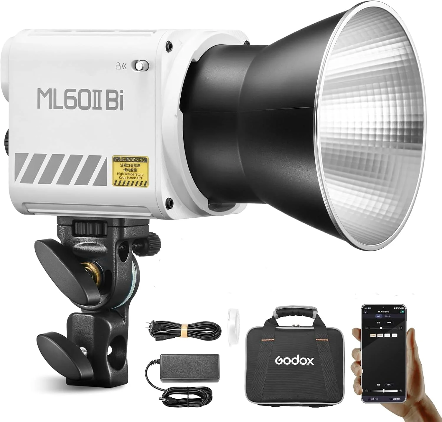 نور ویدئویی ال ای دی 60 وات Godox ML60IIBi، نور یکپارچه ال ای دی COB با مانت بوئنز، نورپردازی عکاسی دو رنگ 2700-6500k، پشتیبانی از برق AC/DC با کنترل برنامه برای استودیو، پخش زنده و ضبط ویدئو