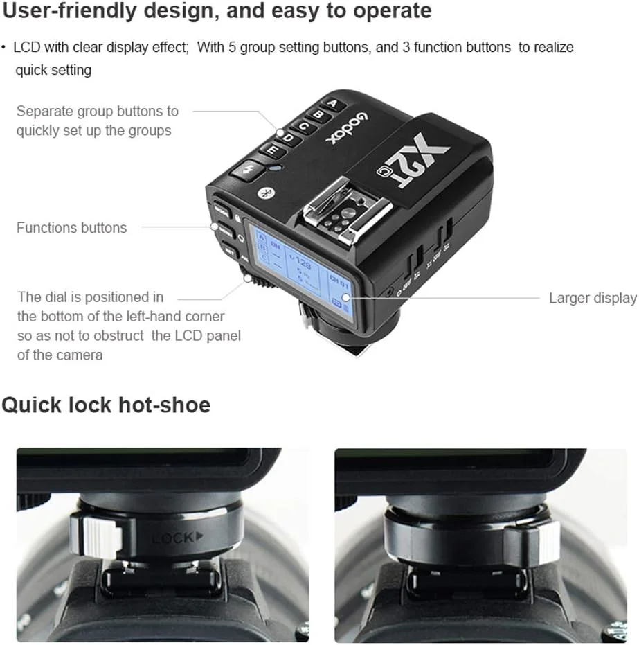 فرستنده فلاش بیسیم TTL گودکس X2T-S برای سونی - برد 100 متری 2.4G، همگامسازی پرسرعت 1/8000 ثانیه، با کفشک اتصال فلاش، 5 گروه و 32 کانال، کنترل برنامه بلوتوث، سازگار با دوربینهای سونی فرستنده فلاش بیسیم TTL گودکس X2T-S برای سونی - برد 100 متری 2.4G، همگامسازی پرسرعت 1/8000 ثانیه، با کفشک اتصال فلاش، 5 گروه و 32 کانال، کنترل برنامه بلوتوث، سازگار با دوربینهای سونی
