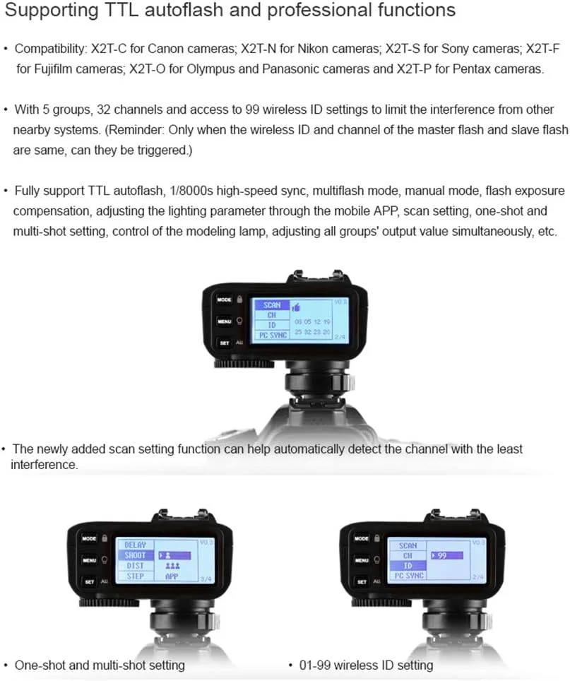 فرستنده فلاش بیسیم TTL گودکس X2T-S برای سونی - برد 100 متری 2.4G، همگامسازی پرسرعت 1/8000 ثانیه، با کفشک اتصال فلاش، 5 گروه و 32 کانال، کنترل برنامه بلوتوث، سازگار با دوربینهای سونی فرستنده فلاش بیسیم TTL گودکس X2T-S برای سونی - برد 100 متری 2.4G، همگامسازی پرسرعت 1/8000 ثانیه، با کفشک اتصال فلاش، 5 گروه و 32 کانال، کنترل برنامه بلوتوث، سازگار با دوربینهای سونی