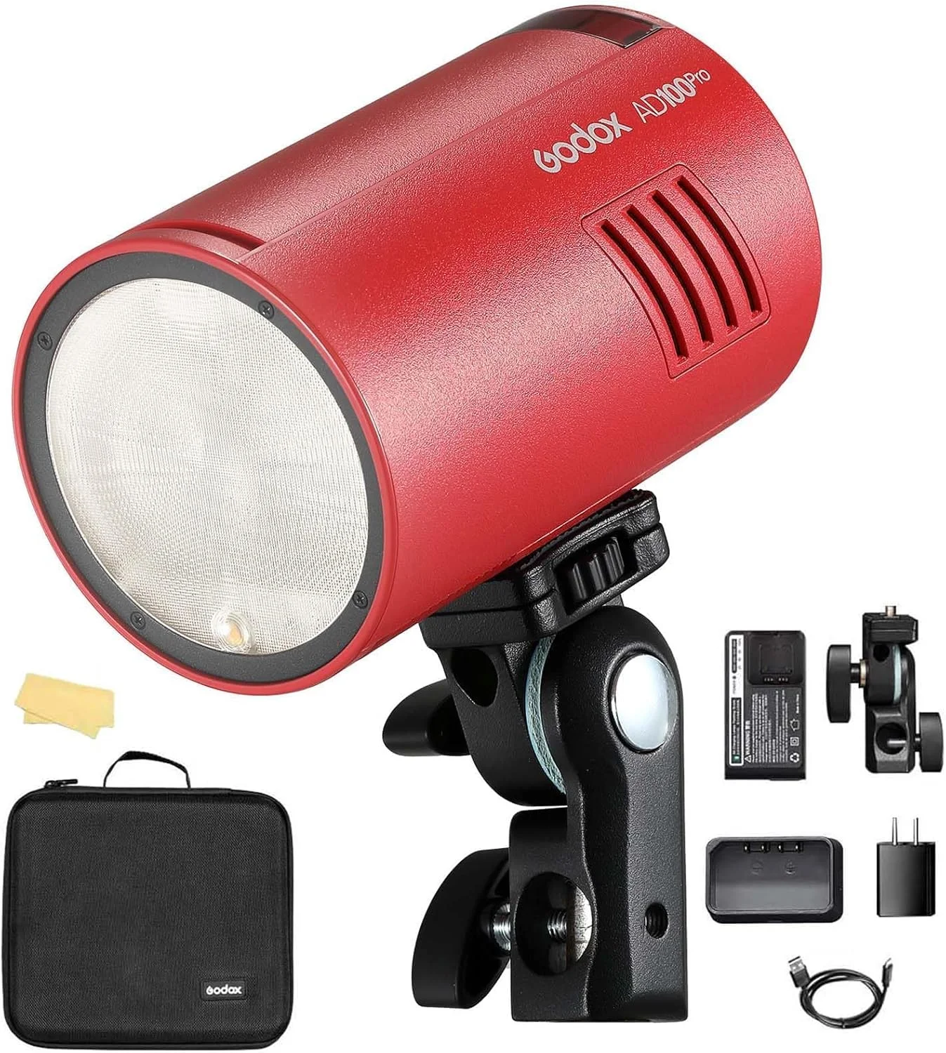 فلاش استودیویی قابل حمل گودکس AD100pro، 100 وات، باتری 2600 میلی آمپر، سیستم بی سیم 2.4G، همگام سازی با سرعت بالا 1/8000 ثانیه، زمان بازیافت 0.01-1.5 ثانیه، 360 فلاش با قدرت کامل برای عکاسی استودیویی (قرمز)