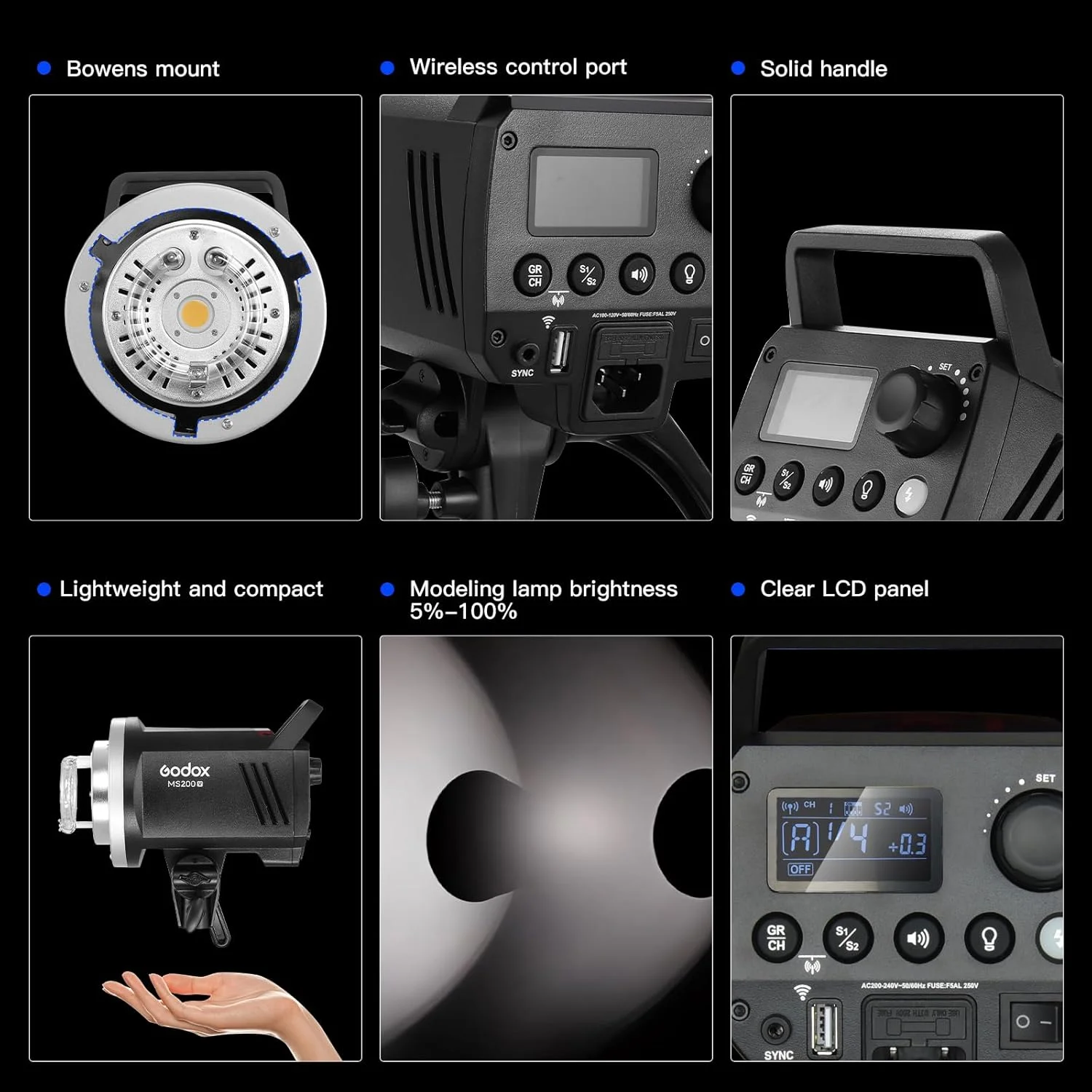 کیت فلاش استودیویی کامپکت گودکس MS200V با مانت بوئنز، لامپ مدلینگ LED، سیستم وایرلس 2.4G X، دمای رنگ 5600K و زمان بازیافت 1.3 ثانیه در حداکثر توان خروجی کیت فلاش استودیویی کامپکت گودکس MS200V با مانت بوئنز، لامپ مدلینگ LED، سیستم وایرلس 2.4G X، دمای رنگ 5600K و زمان بازیافت 1.3 ثانیه در حداکثر توان خروجی
