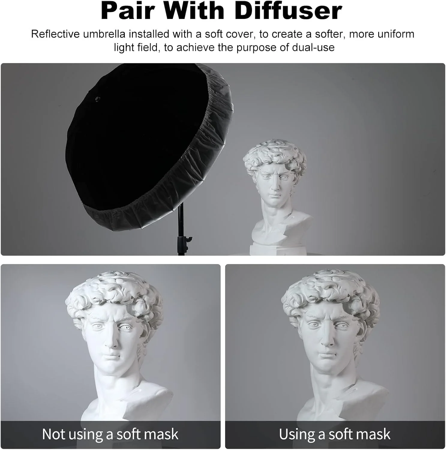 چتر رفلکتور پارابولیک گودکس UB-130W با قطر 130 سانتی متر، داخلی سفید، مناسب استودیو عکاسی، نور ملایم، به همراه پوشش دیفیوزر برای فیلمبرداری در استودیو، فلاش اسپیدلایت (130 سفید) چتر رفلکتور پارابولیک گودکس UB-130W با قطر 130 سانتی متر، داخلی سفید، مناسب استودیو عکاسی، نور ملایم، به همراه پوشش دیفیوزر برای فیلمبرداری در استودیو، فلاش اسپیدلایت (130 سفید)