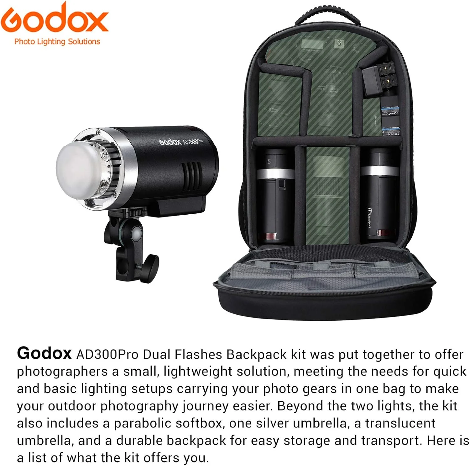 کیت نورپردازی استودیویی Godox AD300 Pro، کوله پشتی فلاش دوتایی AD300Pro، فلاش 300 واتی فضای باز 2.4G TTL 1/8000s HSS Speedlite، به همراه سافت باکس Godox AD-S60S، 320 فلاش با قدرت کامل کیت نورپردازی استودیویی Godox AD300 Pro، کوله پشتی فلاش دوتایی AD300Pro، فلاش 300 واتی فضای باز 2.4G TTL 1/8000s HSS Speedlite، به همراه سافت باکس Godox AD-S60S، 320 فلاش با قدرت کامل