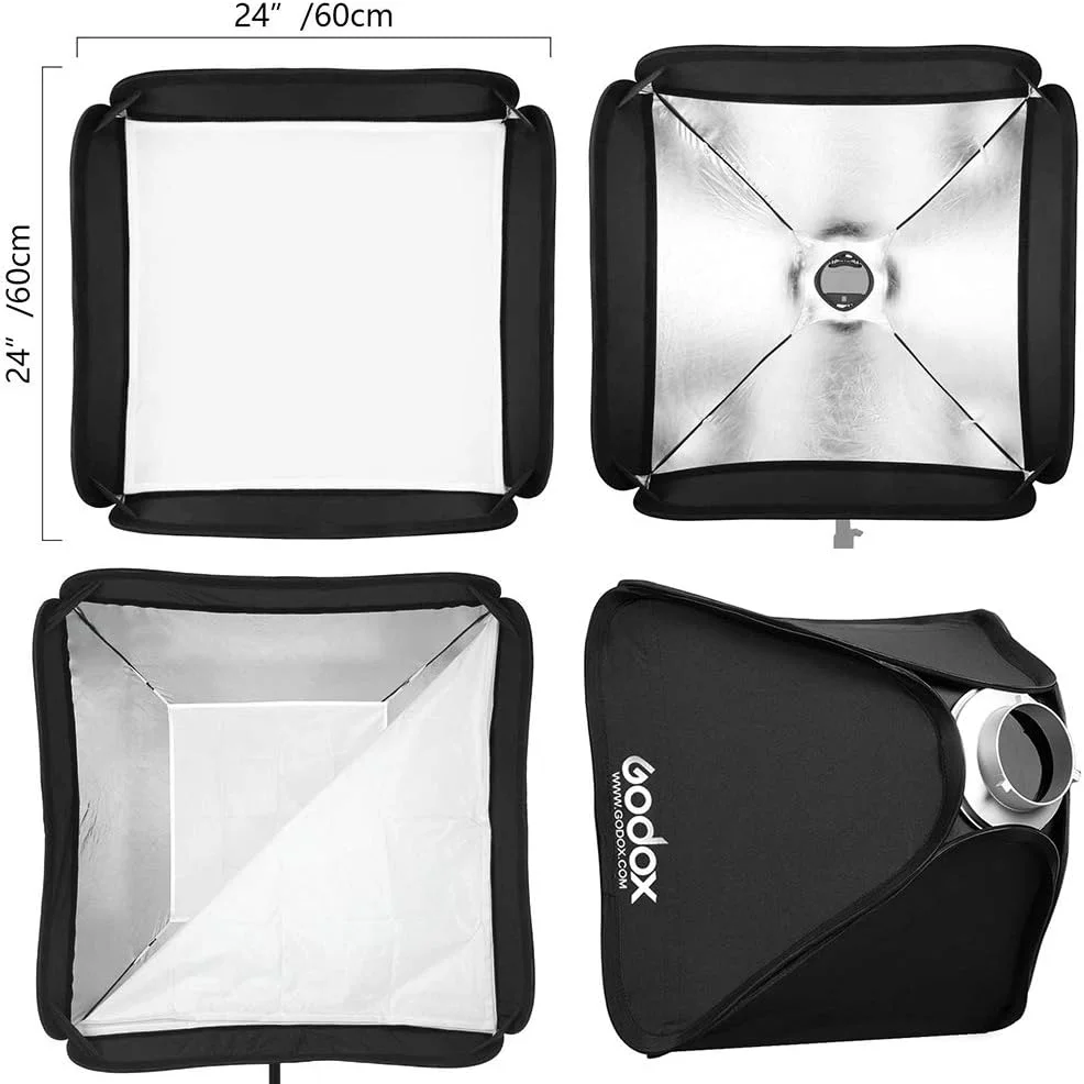سافت باکس تاشو GODOX مناسب برای فلاش استودیویی 60cm x 60cm با مانت بوئنز و آداپتور رینگ سرعت (سافت باکس 60x60cm برای فلاش استودیویی) سافت باکس تاشو GODOX مناسب برای فلاش استودیویی 60cm x 60cm با مانت بوئنز و آداپتور رینگ سرعت (سافت باکس 60x60cm برای فلاش استودیویی)