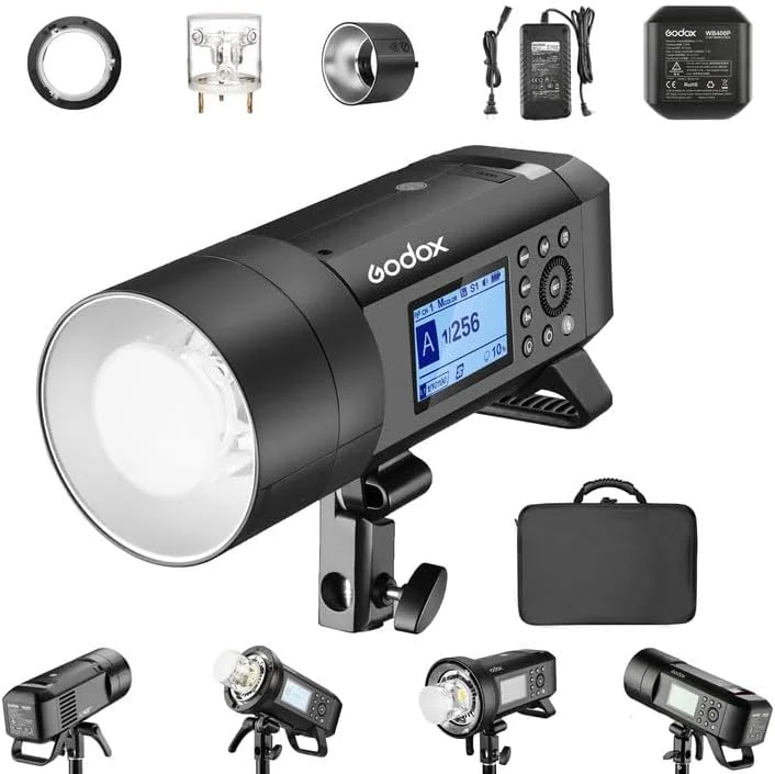 فلاش استروب بیرونی همه کاره گودکس AD400PRO 400Ws GN72 TTL 1/8000s HSS 2.4G X System، نور یکپارچه با باتری، 390 پاپ با قدرت کامل، لامپ مدلینگ LED 30 واتی، زمان بازیافت 0.01-1 ثانیه