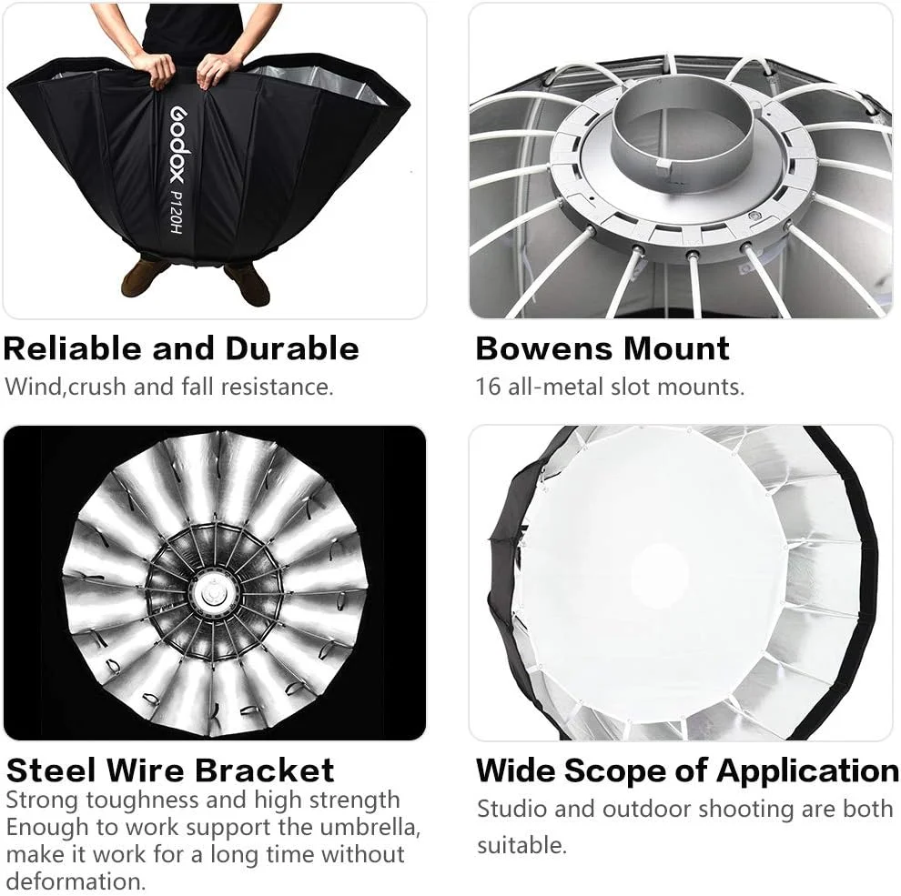 سافت باکس پارابولیک GODOX مدل P120H با مقاومت بالا در برابر حرارت، 120 سانتی متر / 48 اینچ، مانت بوئنز، رفلکتور برای فلاش استودیویی (سافت باکس P120H) سافت باکس پارابولیک GODOX مدل P120H با مقاومت بالا در برابر حرارت، 120 سانتی متر / 48 اینچ، مانت بوئنز، رفلکتور برای فلاش استودیویی (سافت باکس P120H)