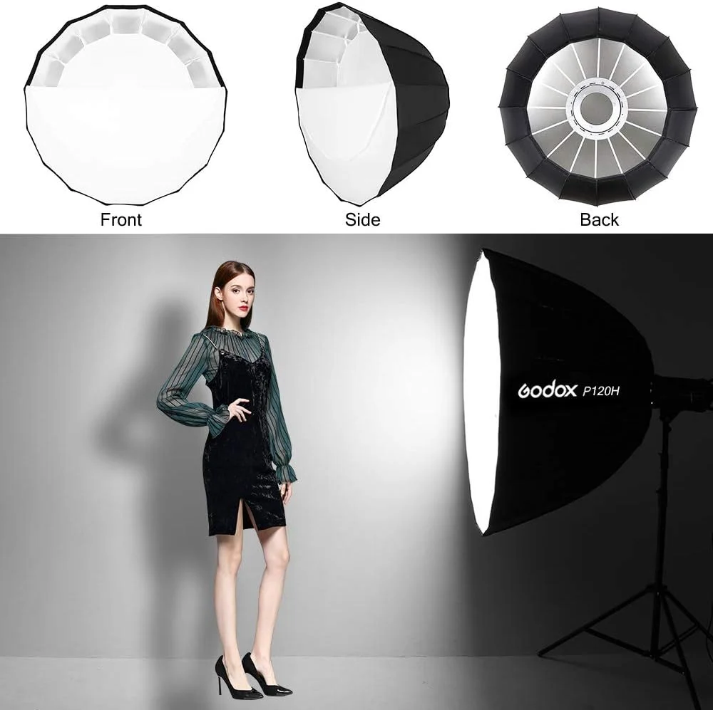سافت باکس پارابولیک GODOX مدل P120H با مقاومت بالا در برابر حرارت، 120 سانتی متر / 48 اینچ، مانت بوئنز، رفلکتور برای فلاش استودیویی (سافت باکس P120H) سافت باکس پارابولیک GODOX مدل P120H با مقاومت بالا در برابر حرارت، 120 سانتی متر / 48 اینچ، مانت بوئنز، رفلکتور برای فلاش استودیویی (سافت باکس P120H)