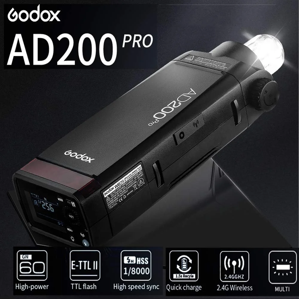 فلاش جیبی گودکس AD200Pro TTL 2.4G HSS 1/8000s با سر دوتایی 200Ws به همراه باتری لیتیومی 14.4V/2900mAh سازگار با دوربین های نیکون، کانن، سونی، فوجی، الیمپوس، پاناسونیک و پنتاکس