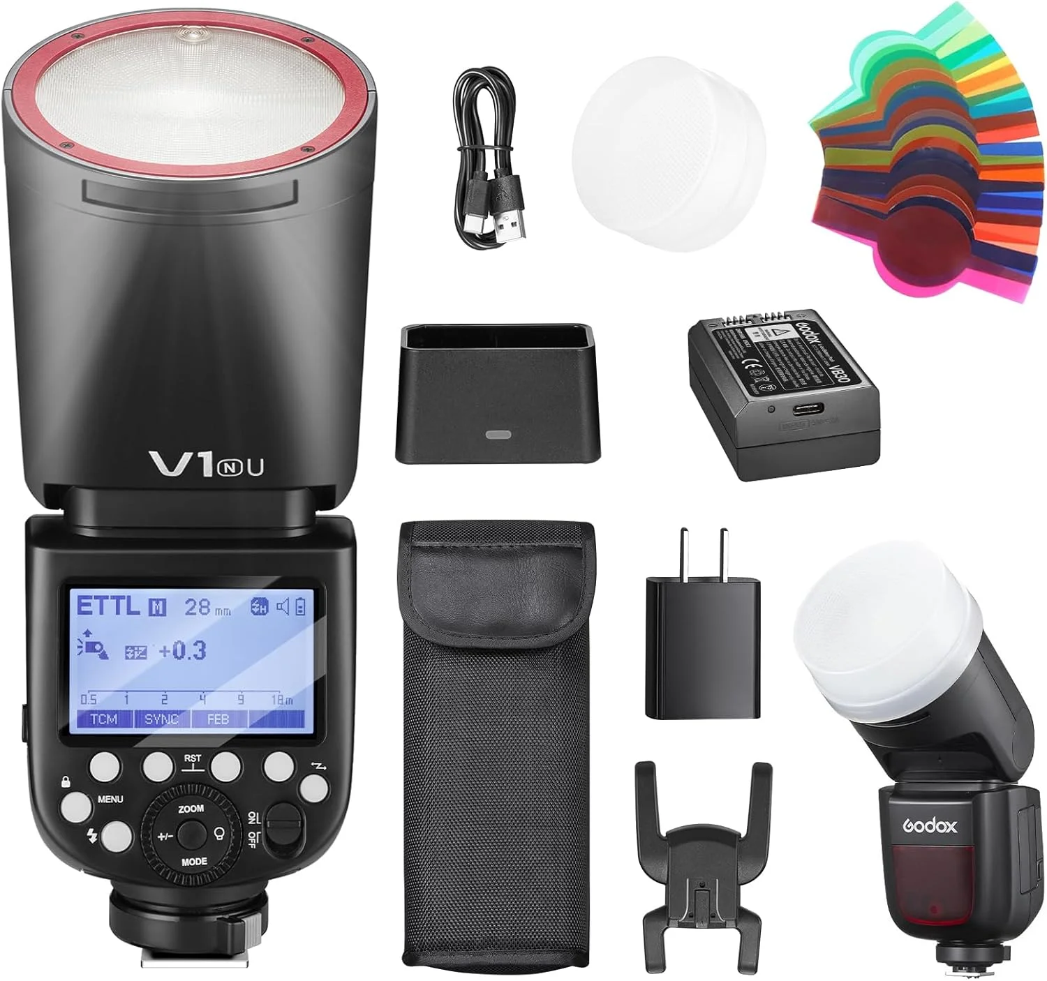 فلاش گودوکس V1N U برای دوربین نیکون، اسپیدلایت سر گرد گودوکس V1N U با باتری گودوکس VB26 مدل V1N U مناسب عکاسی پرتره، مراسم، مسافرت و عروسی