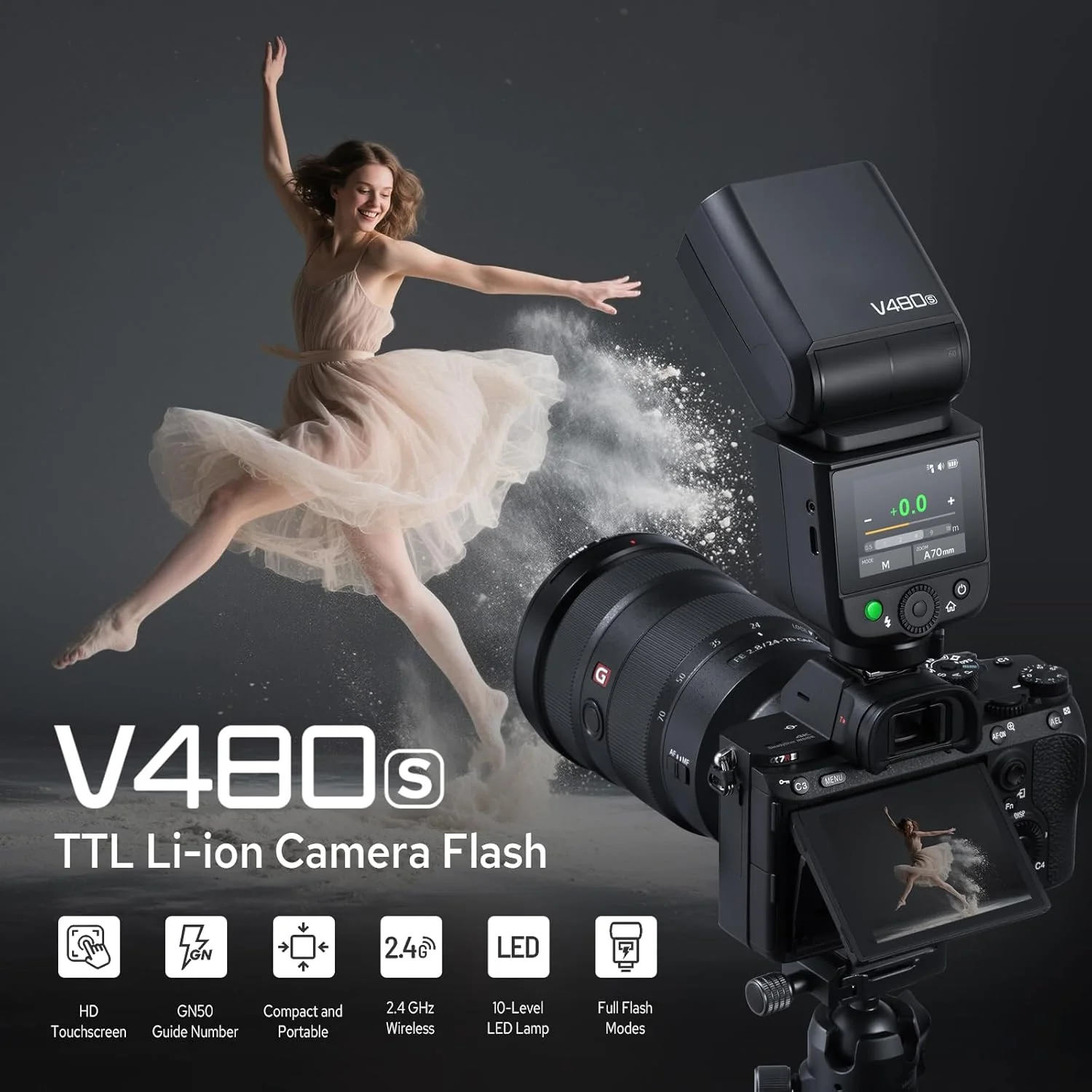 فلاش دوربین گودوکس V480S TTL، فلاش دوربین لیتیوم-یونی با صفحه لمسی برای دوربین سونی، GN50، HSS فلاش دوربین گودوکس V480S TTL، فلاش دوربین لیتیوم-یونی با صفحه لمسی برای دوربین سونی، GN50، HSS