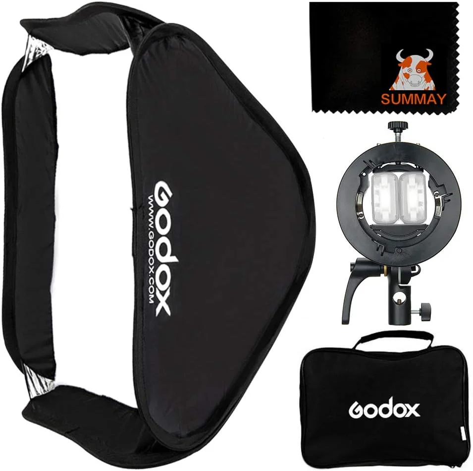 کیت سافت باکس فلاش تاشو GODOX با ابعاد 80x80 سانتی متر به همراه براکت S2 و مانت بوئنز برای فلاش دوربین، اسپیدلایت و عکاسی استودیویی