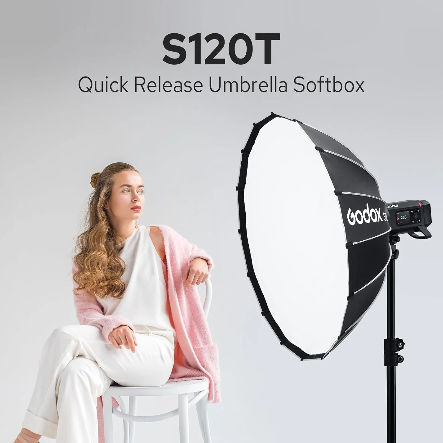 سافت باکس چتری گودکس مدل S120T به همراه گرید لانه زنبوری جداشدنی و مانت بوئن، دیفیوزر مناسب برای فلاش استودیویی و مونو لایت، سایز 120 سانتی متر
