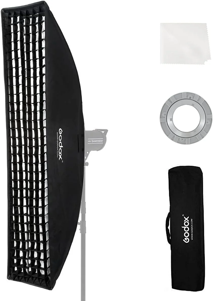 سافت باکس استریپ لانه زنبوری قابل حمل Godox FW30120CM / 30x120 سانتی متر با مانت بوئنز، اسپید رینگ و پارچه لنز، جعبه سافت باکس استریپ گرید برای نور فلاش استودیویی، استودیو عکس