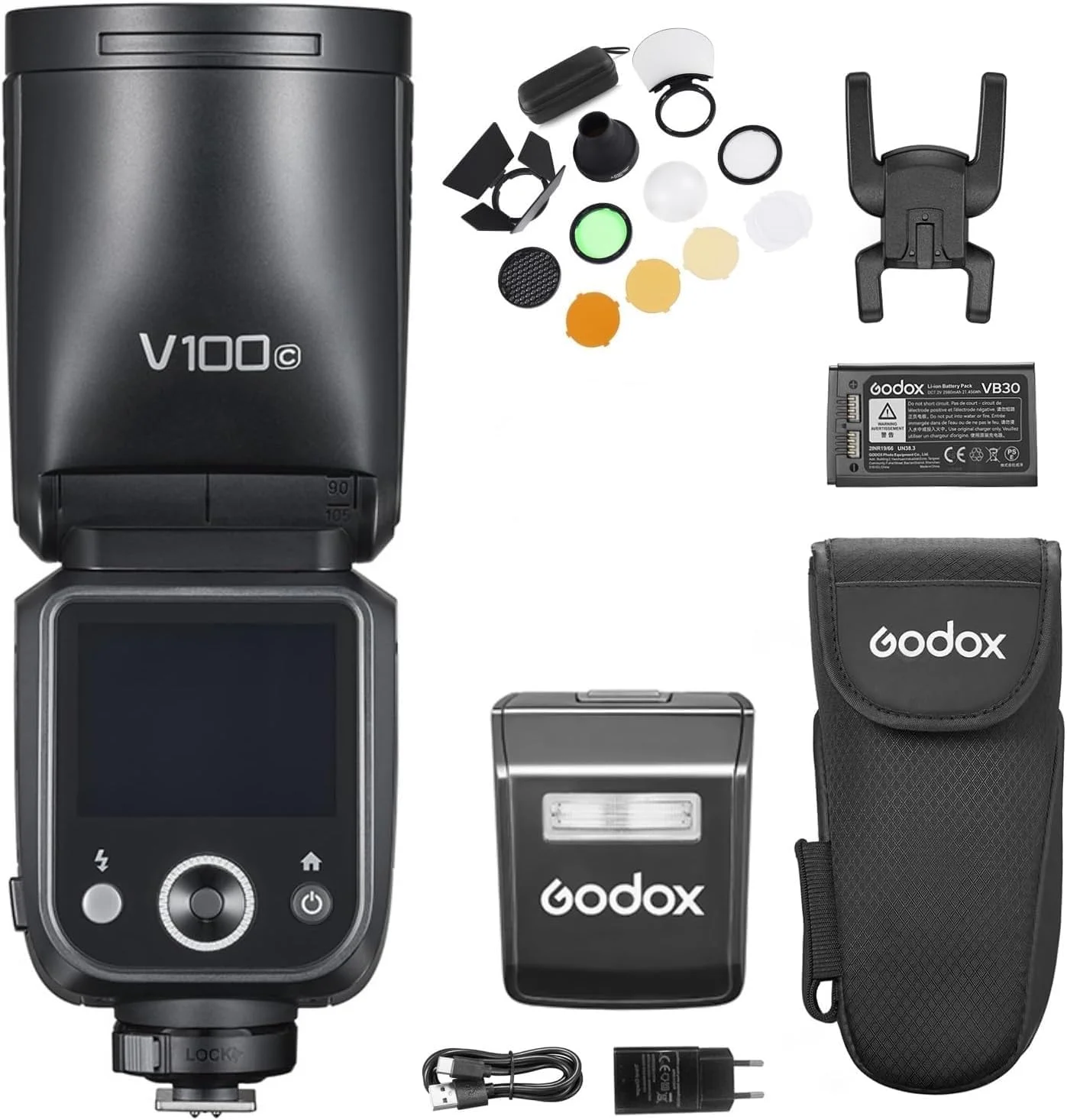 فلاش دوربین با سر گرد Godox V100C، اسپیدلایت TTL 100 واتی با صفحه کنترل لمسی، لامپ تنظیم LED داخلی با فلاش فرعی قابل جابجایی، کیت AK-R1، برد پخش کننده سازگار با دوربین های Canon EOS