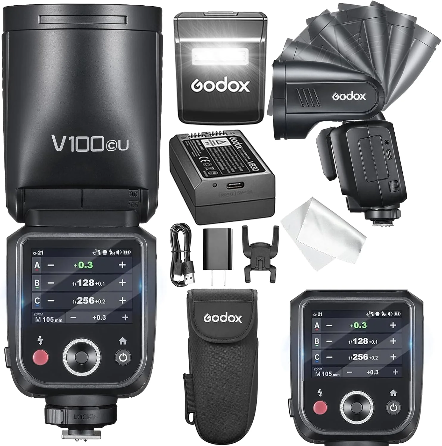 فلاش گودوکس V100 C برای کانن - فلاش 100Ws TTL برای دوربین های کانن EOS، کنترل لمسی، 400 فلاش با قدرت کامل، زمان بازیافت 1.7 ثانیه، بی سیم 2.4G با فلاش اکسترنال