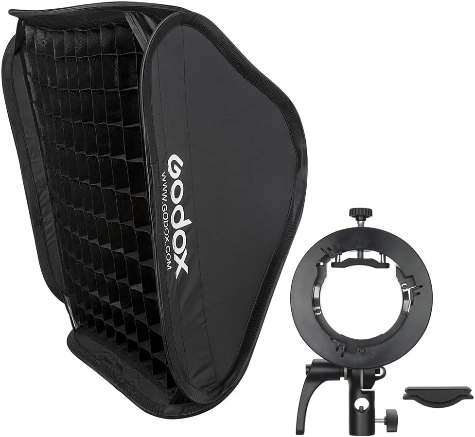 کیت سافت باکس تاشو Godox SGGV6060 با براکت فلاش S2، سافت باکس 60x60 سانتی متر با گرید و مانت بوئنز برای Godox AD400PRO AD200PRO AD200 V1 V1Pro V100 V860III TT685II TT350 Series