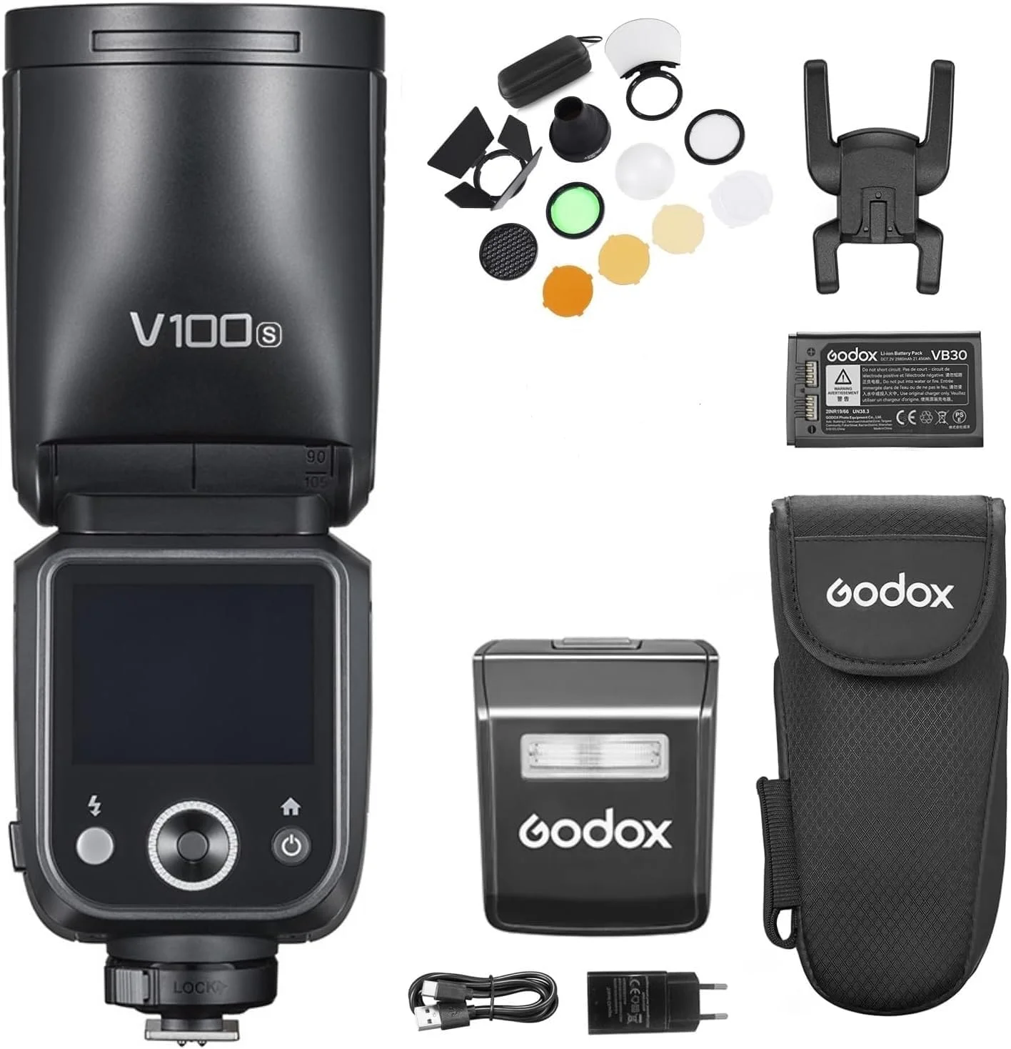 فلاش دوربین با سر گرد Godox V100S، اسپیدلایت 100 واتی TTL با صفحه کنترل لمسی، لامپ تنظیم LED داخلی با فلاش فرعی قابل جابجایی، کیت AK-R1، برد پخش کننده سازگار با دوربین های سونی