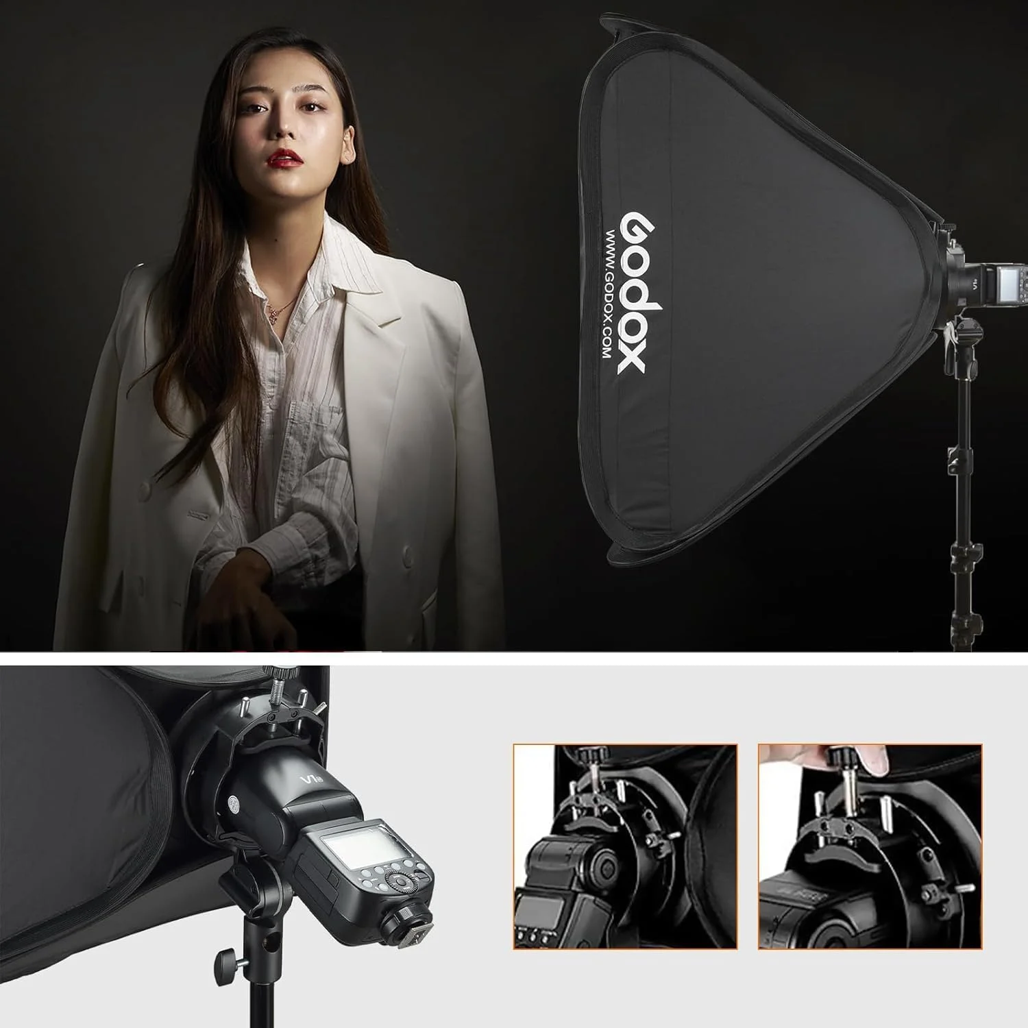 کیت سافت باکس تاشو Godox SGGV6060 با براکت فلاش S2، سافت باکس 60x60 سانتی متر با گرید و مانت بوئنز برای Godox AD400PRO AD200PRO AD200 V1 V1Pro V100 V860III TT685II TT350 Series