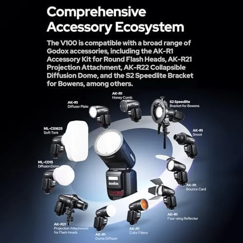 فلاش دوربین با سر گرد Godox V100S، اسپیدلایت 100 واتی TTL با صفحه کنترل لمسی، لامپ تنظیم LED داخلی با فلاش فرعی قابل جابجایی، کیت AK-R1، برد پخش کننده سازگار با دوربین های سونی فلاش دوربین با سر گرد Godox V100S، اسپیدلایت 100 واتی TTL با صفحه کنترل لمسی، لامپ تنظیم LED داخلی با فلاش فرعی قابل جابجایی، کیت AK-R1، برد پخش کننده سازگار با دوربین های سونی