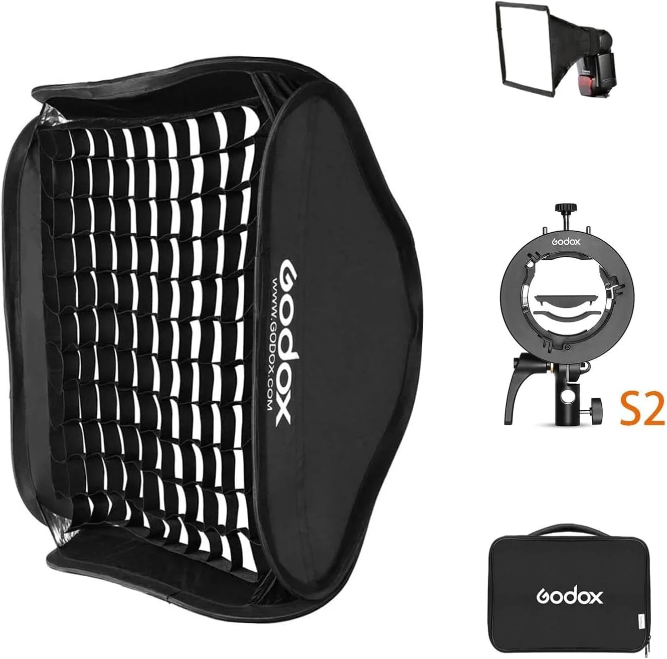 سافت باکس تاشو 80x80 سانتی متری گودکس و گرید به همراه براکت اسپیدلایت S2 گودکس، مانت بوئنز و کیف حمل برای فلاش های سری Godox V1 AD200Pro AD400Pro AD200 V860II TT685 TT600 و سایر فلاش ها سافت باکس تاشو 80x80 سانتی متری گودکس و گرید به همراه براکت اسپیدلایت S2 گودکس، مانت بوئنز و کیف حمل برای فلاش های سری Godox V1 AD200Pro AD400Pro AD200 V860II TT685 TT600 و سایر فلاش ها