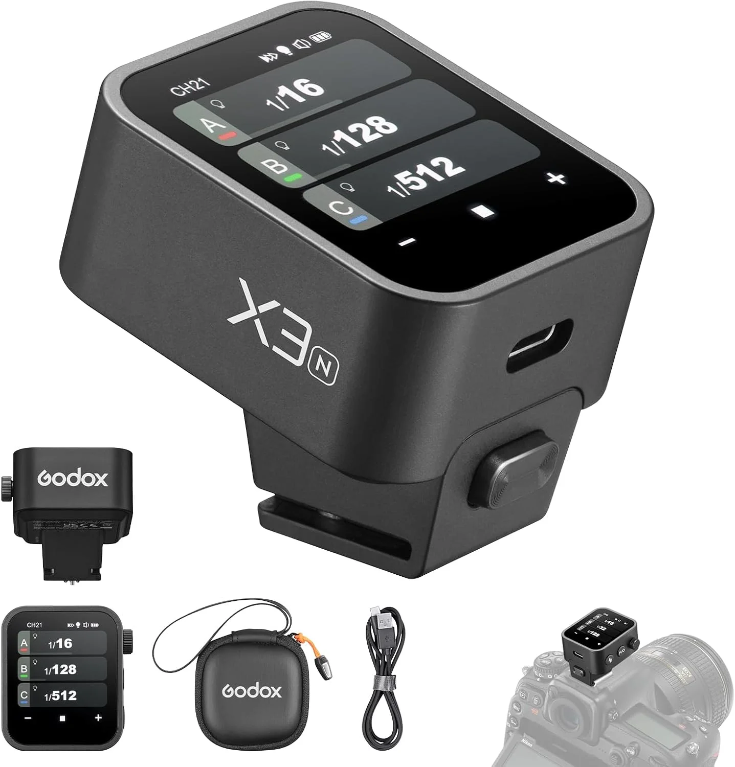 فلاش تریگر گودکس X3-N سازگار با نیکون، فلاش تریگر بی سیم TTL، باتری داخلی، با تبدیل TCM، شارژر USB-C (برای نیکون) فلاش تریگر گودکس X3-N سازگار با نیکون، فلاش تریگر بی سیم TTL، باتری داخلی، با تبدیل TCM، شارژر USB-C (برای نیکون)