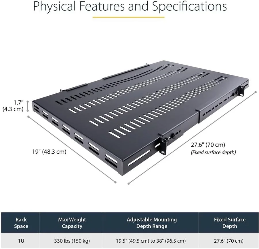 قفسه رک مونت 1U قابل تنظیم StarTech.com - ظرفیت 150 کیلوگرم - عمق نصب قابل تنظیم 49.5 تا 96.5 سانتی متر - سینی یونیورسال 19 اینچی برای رک تجهیزات AV/Network - عمق 70 سانتی متر (ADJSHELFHDV) قفسه رک مونت 1U قابل تنظیم StarTech.com - ظرفیت 150 کیلوگرم - عمق نصب قابل تنظیم 49.5 تا 96.5 سانتی متر - سینی یونیورسال 19 اینچی برای رک تجهیزات AV/Network - عمق 70 سانتی متر (ADJSHELFHDV)