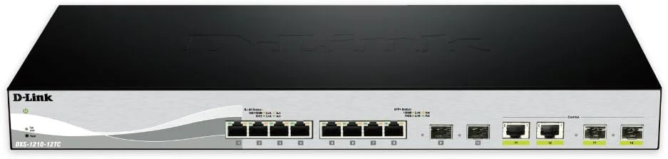 سوئیچ اترنت D-Link، سوئیچ هوشمند تحت وب گیگابیتی مدیریت شده 10 پورت با 2 پورت ترکیبی RJ45 SFP+، شبکه اینترنت (DXS-1210-12SC)، مشکی/خاکستری