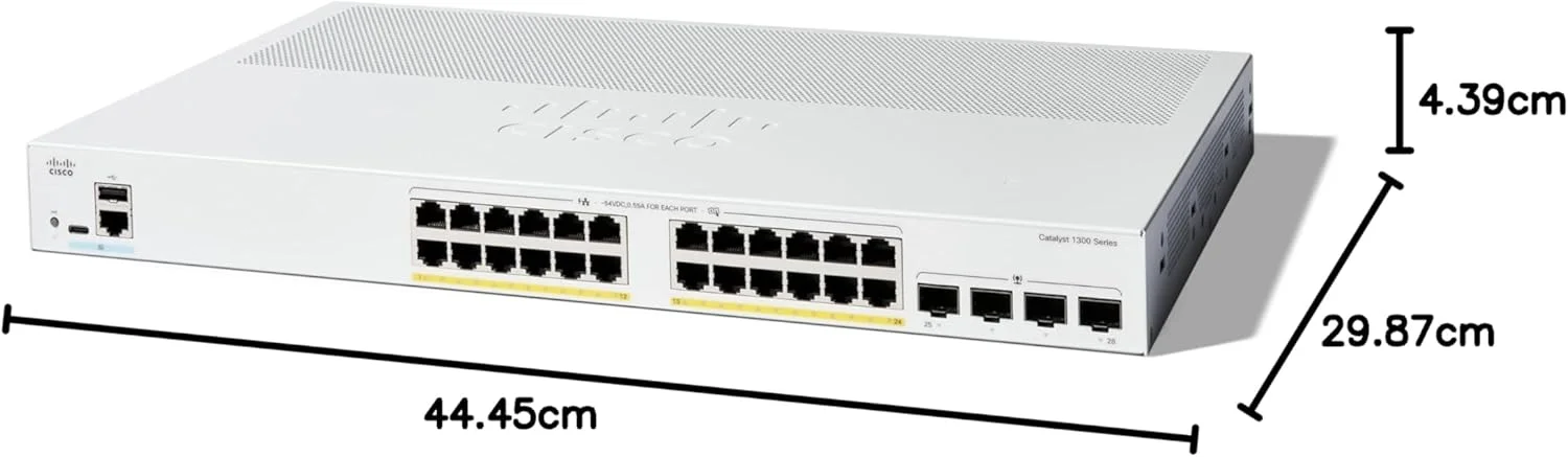 سوئیچ مدیریتی سیسکو کاتالیست 1300-24P-4G، دارای 24 پورت GE، PoE، 4 پورت SFP 1GE، حفاظت مادام العمر محدود (C1300-24P-4G)