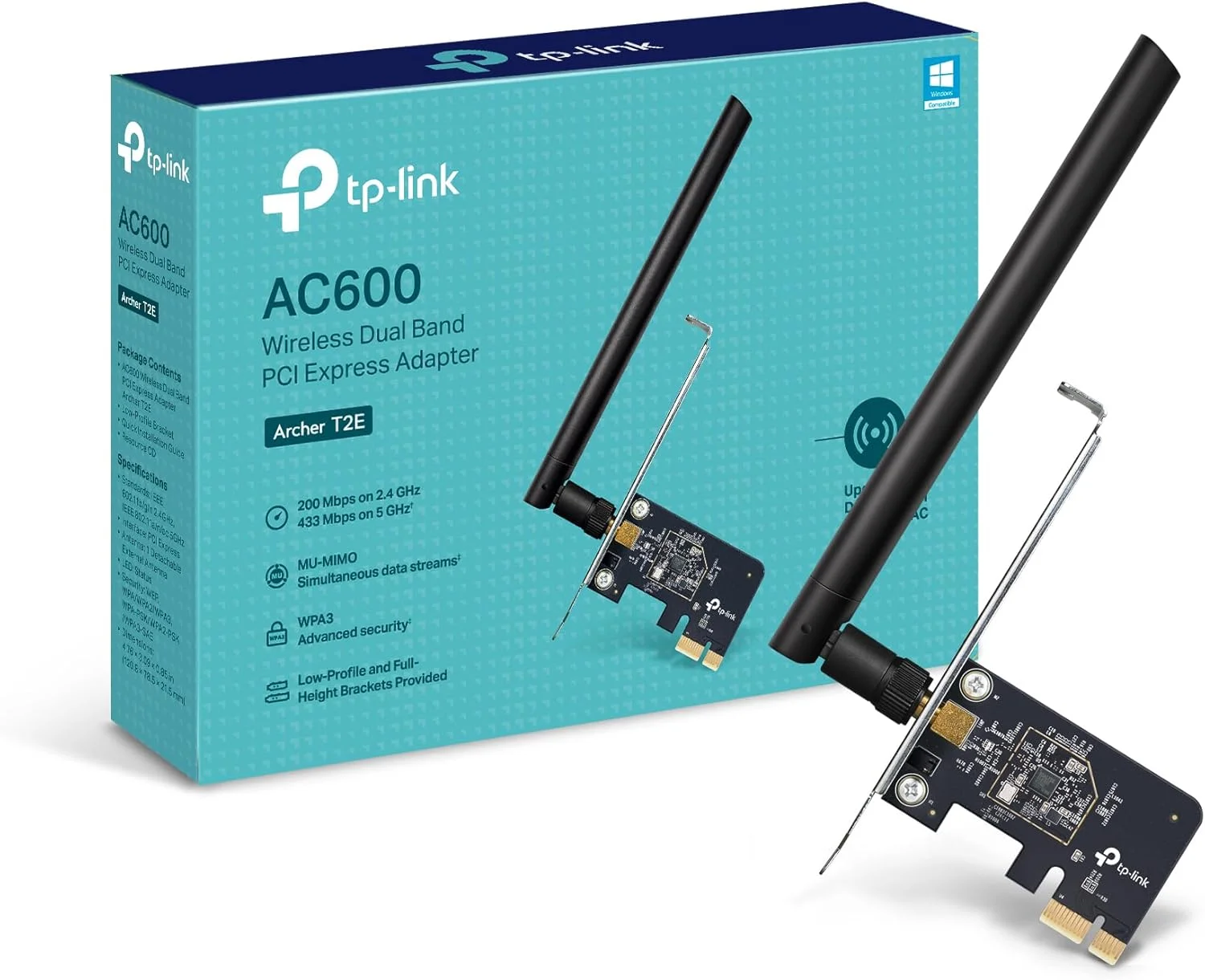 کارت شبکه وای فای دو بانده AC600 TP-Link PCIe برای رایانه شخصی، کارت شبکه داخلی بی سیم (Archer T2E) آنتن با بهره بالا، MU-MIMO، WPA3، Low Profile، پشتیبانی از Windows 10/11