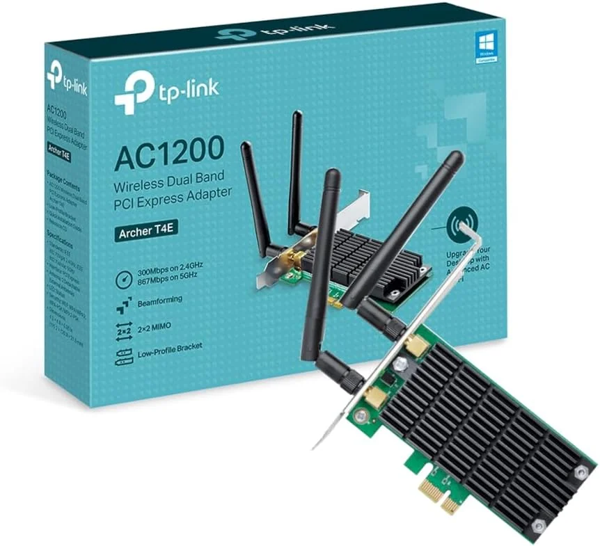 آداپتور وای فای بی سیم دو بانده TP-Link Archer T4E AC1200Mbps برای رایانه شخصی با دو آنتن، کارت وای فای PCIe برای دسکتاپ، شامل براکت کم ارتفاع، پشتیبانی از ویندوز 11/10/8.1/8/XP (32/64 بیتی)