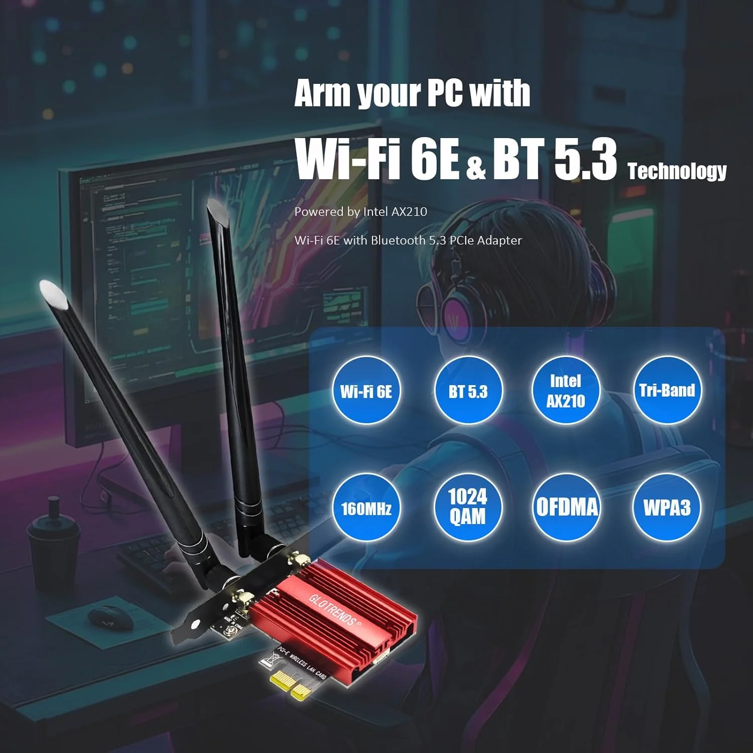 کارت شبکه GLOTRENDS AX5400 WiFi 6E PCIe با براکت Low-Profile برای کامپیوتر رومیزی، تراشه Intel AX210، 802.11ax، بلوتوث 5.3، پشتیبانی از Windows 11/10/Linux، عدم پشتیبانی از Mac OS/Windows 7/XP