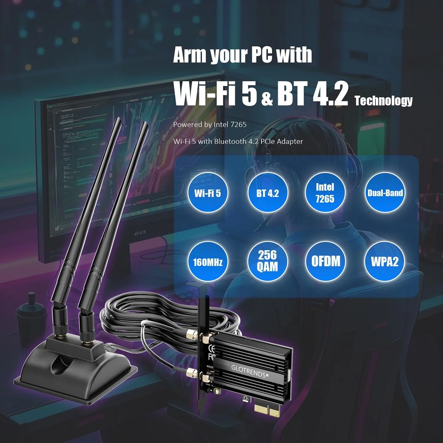 کارت شبکه وای فای 5 PCIe گلورندز با آنتن اکستنشن 2 متری برای کامپیوتر رومیزی، تراشه اینتل 7265، 802.11ac، بلوتوث 4.2، پشتیبانی از ویندوز 11/10/7/لینوکس، پشتیبانی از مادربرد اینتل/AMD کارت شبکه وای فای 5 PCIe گلورندز با آنتن اکستنشن 2 متری برای کامپیوتر رومیزی، تراشه اینتل 7265، 802.11ac، بلوتوث 4.2، پشتیبانی از ویندوز 11/10/7/لینوکس، پشتیبانی از مادربرد اینتل/AMD