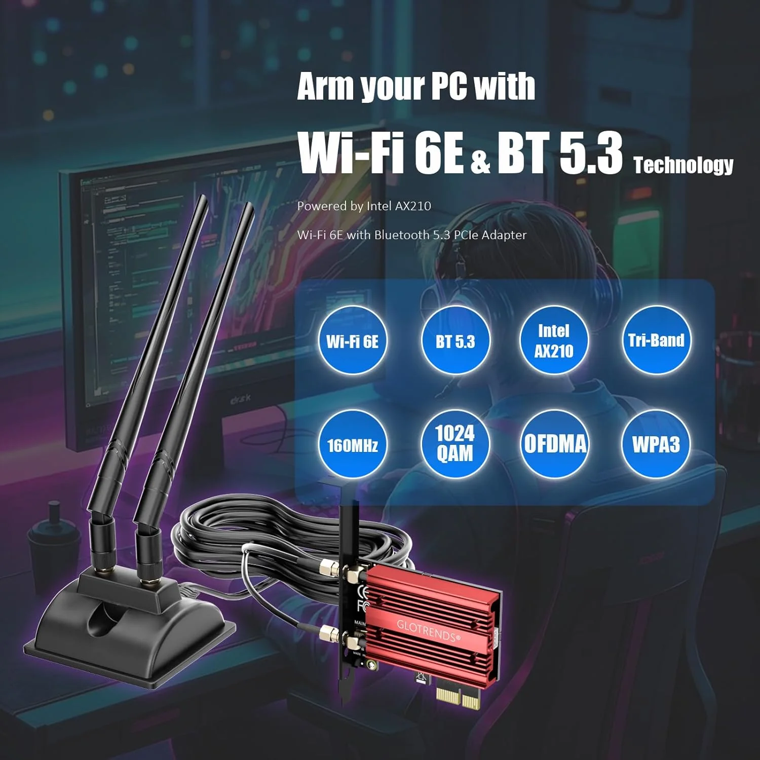 کارت شبکه GLOTRENDS WiFi 6E PCIe با آنتن اکستنشن 2 متری برای کامپیوتر رومیزی، تراشه Intel AX210، 802.11ax، بلوتوث 5.3، پشتیبانی از ویندوز 11/10/لینوکس، پشتیبانی از مادربرد Intel/AMD کارت شبکه GLOTRENDS WiFi 6E PCIe با آنتن اکستنشن 2 متری برای کامپیوتر رومیزی، تراشه Intel AX210، 802.11ax، بلوتوث 5.3، پشتیبانی از ویندوز 11/10/لینوکس، پشتیبانی از مادربرد Intel/AMD