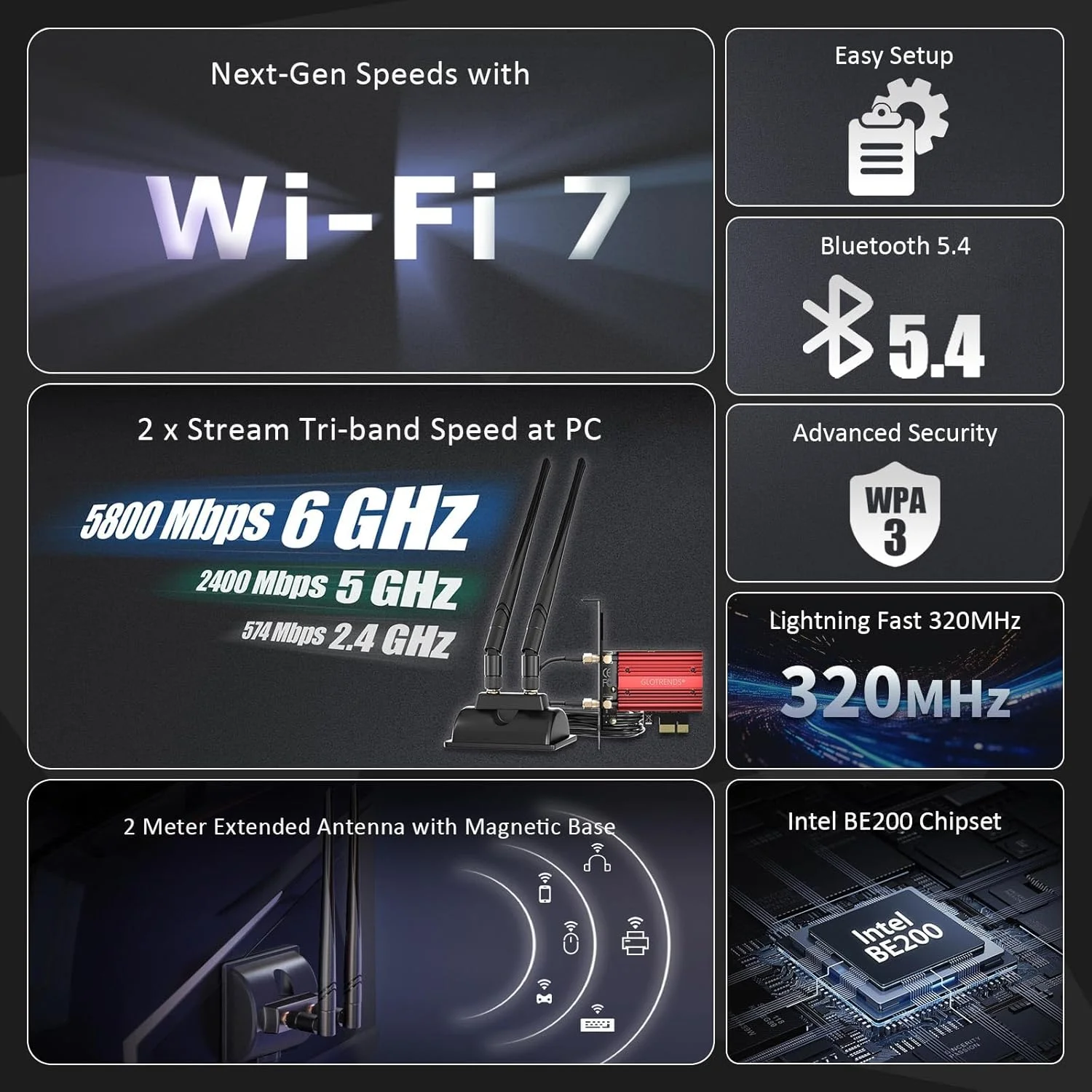 کارت شبکه وای فای 7 GLOTRENDS PCIe با آنتن اکستنشن 2 متری برای کامپیوترهای رومیزی، Intel BE200NGW، فقط سازگار با ویندوز 11 نسخه 24H2 یا بالاتر (عدم پشتیبانی از مادربردهای AMD) کارت شبکه وای فای 7 GLOTRENDS PCIe با آنتن اکستنشن 2 متری برای کامپیوترهای رومیزی، Intel BE200NGW، فقط سازگار با ویندوز 11 نسخه 24H2 یا بالاتر (عدم پشتیبانی از مادربردهای AMD)